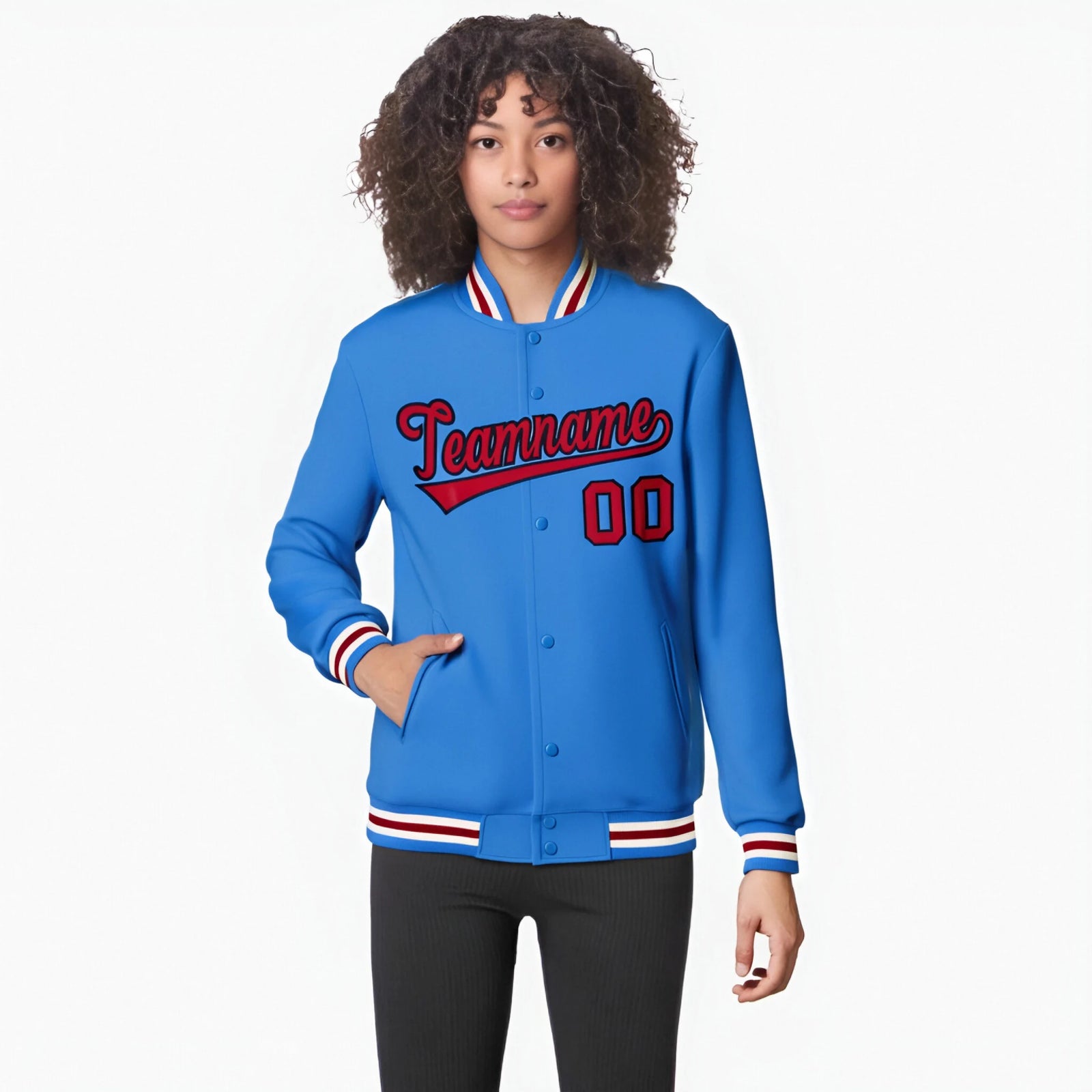 Custom Electric Blue Red White Bomber Full-Snap Varsity Letterman Jacket