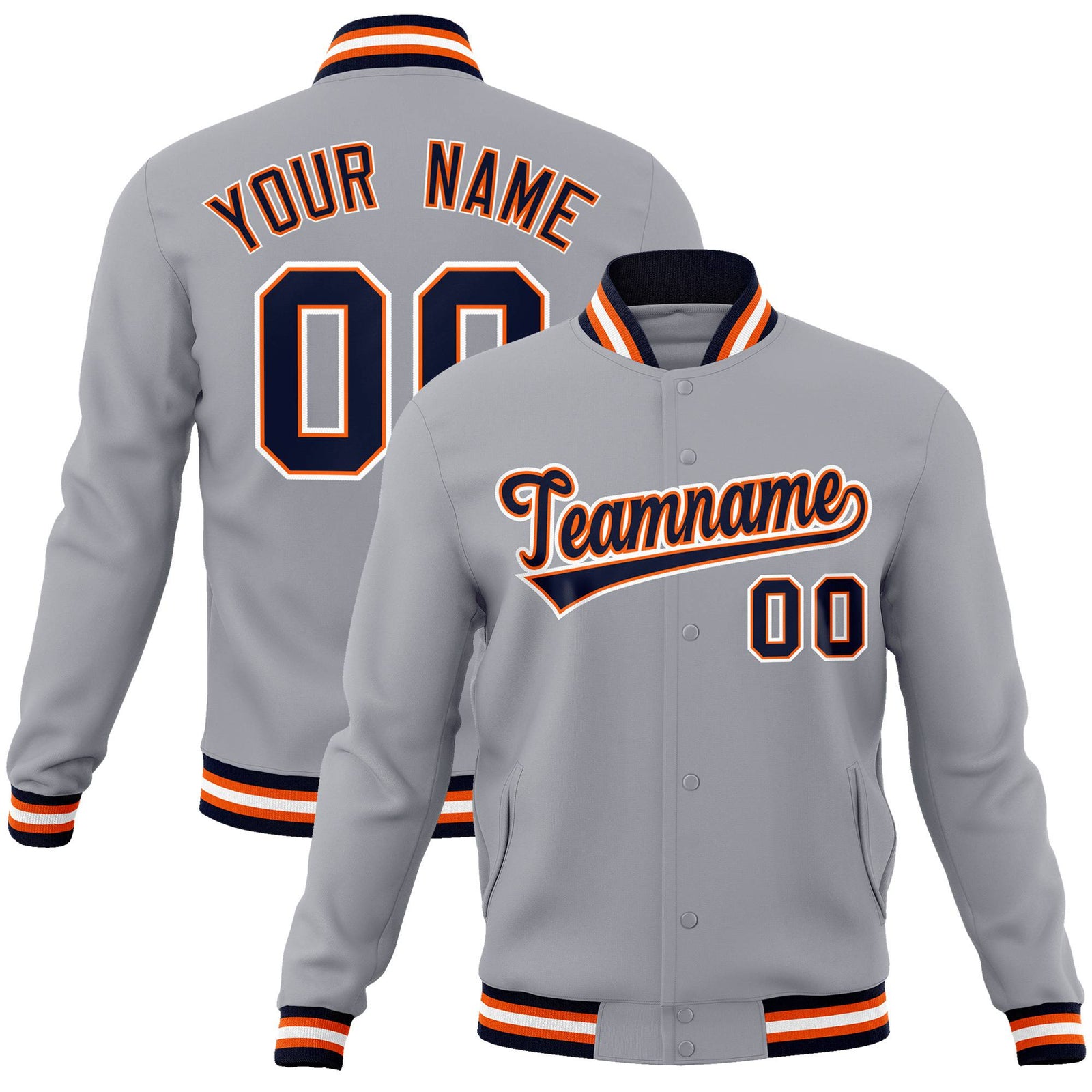 Custom Gray Navy Orange Bomber Full-Snap Varsity Letterman Jacket