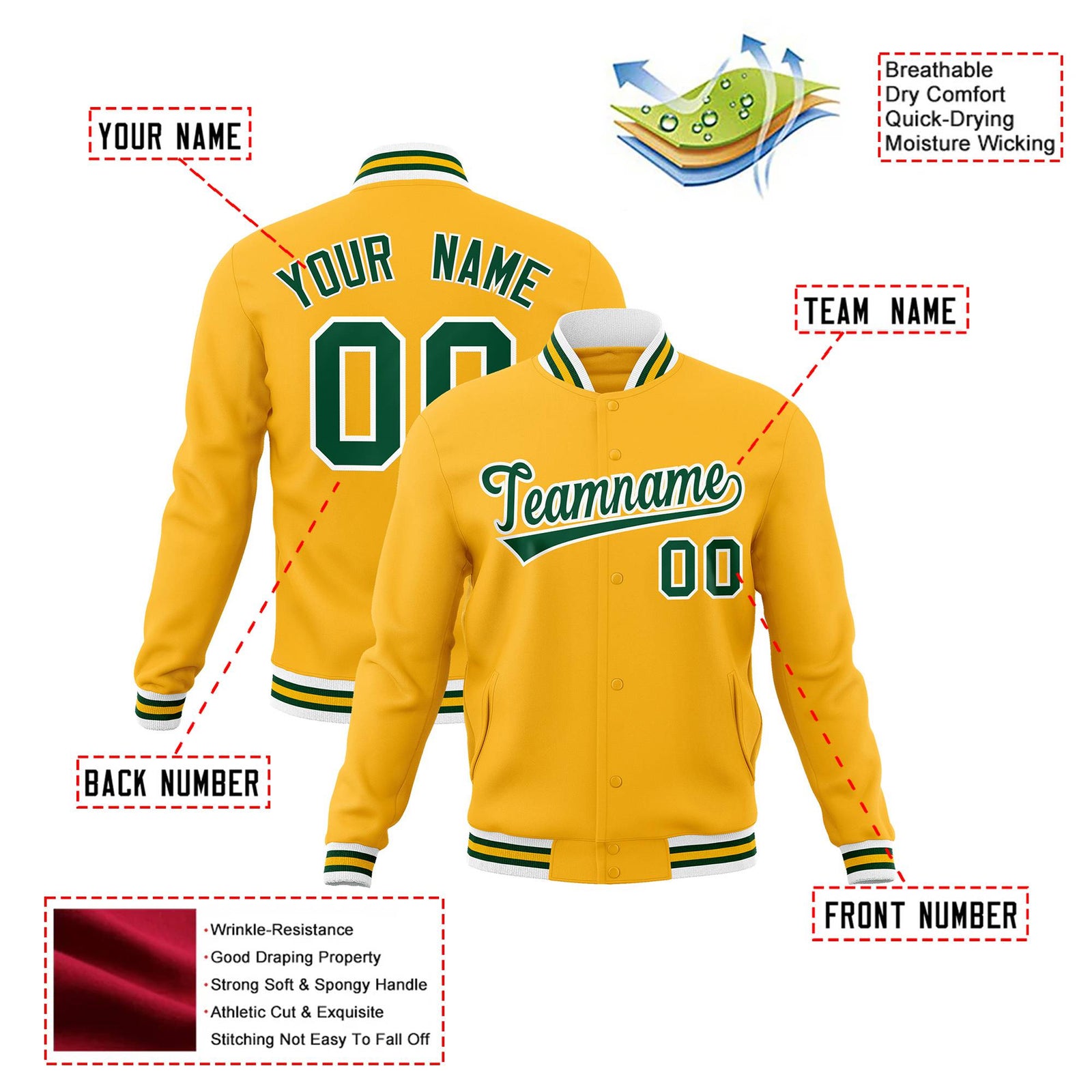 Custom Gold Kelly-Green White Bomber Full-Snap Varsity Letterman Jacket