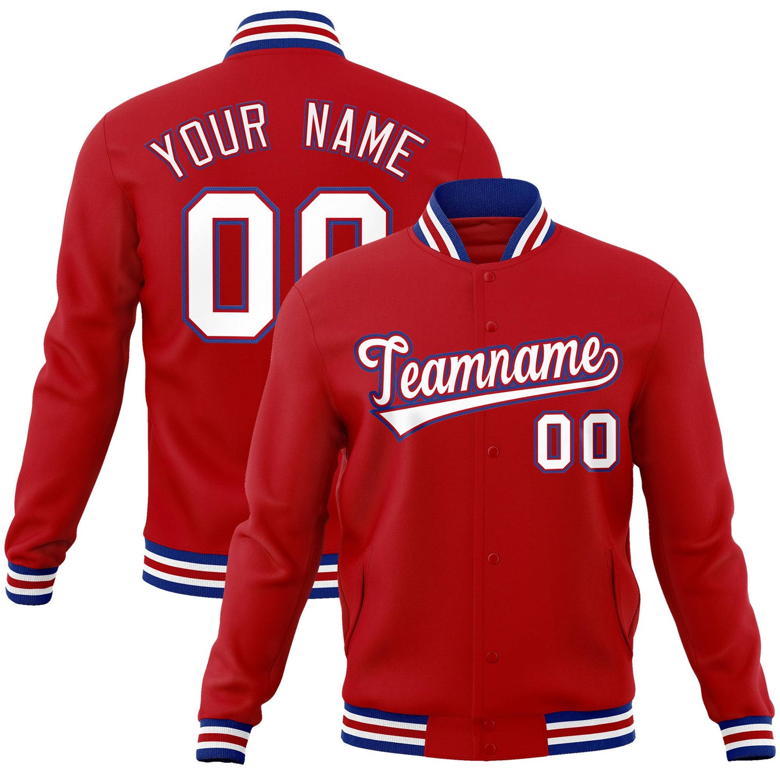 Custom Royal Red White Navy-Blue Bomber Full-Snap Varsity Letterman Jacket