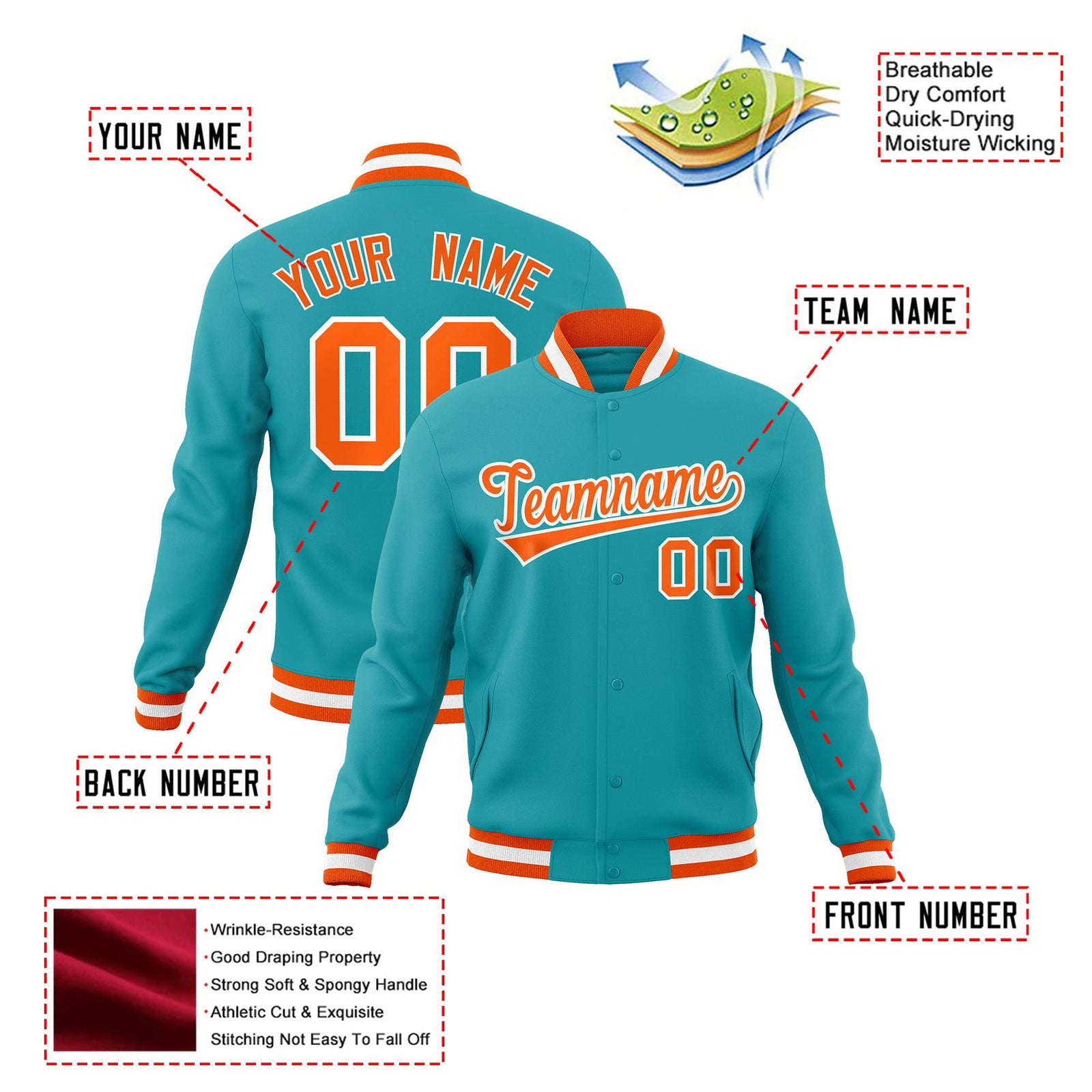 Custom Aqua Orange White Bomber Full-Snap Varsity Letterman Jacket