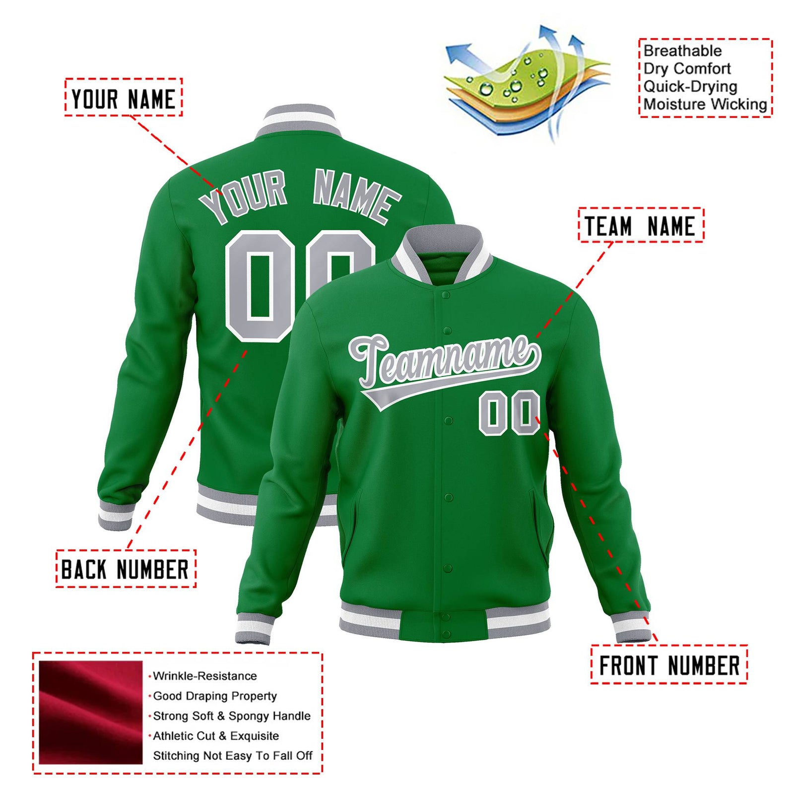 Custom Neon-Green Gray-White Bomber Full-Snap Varsity Letterman Jacket