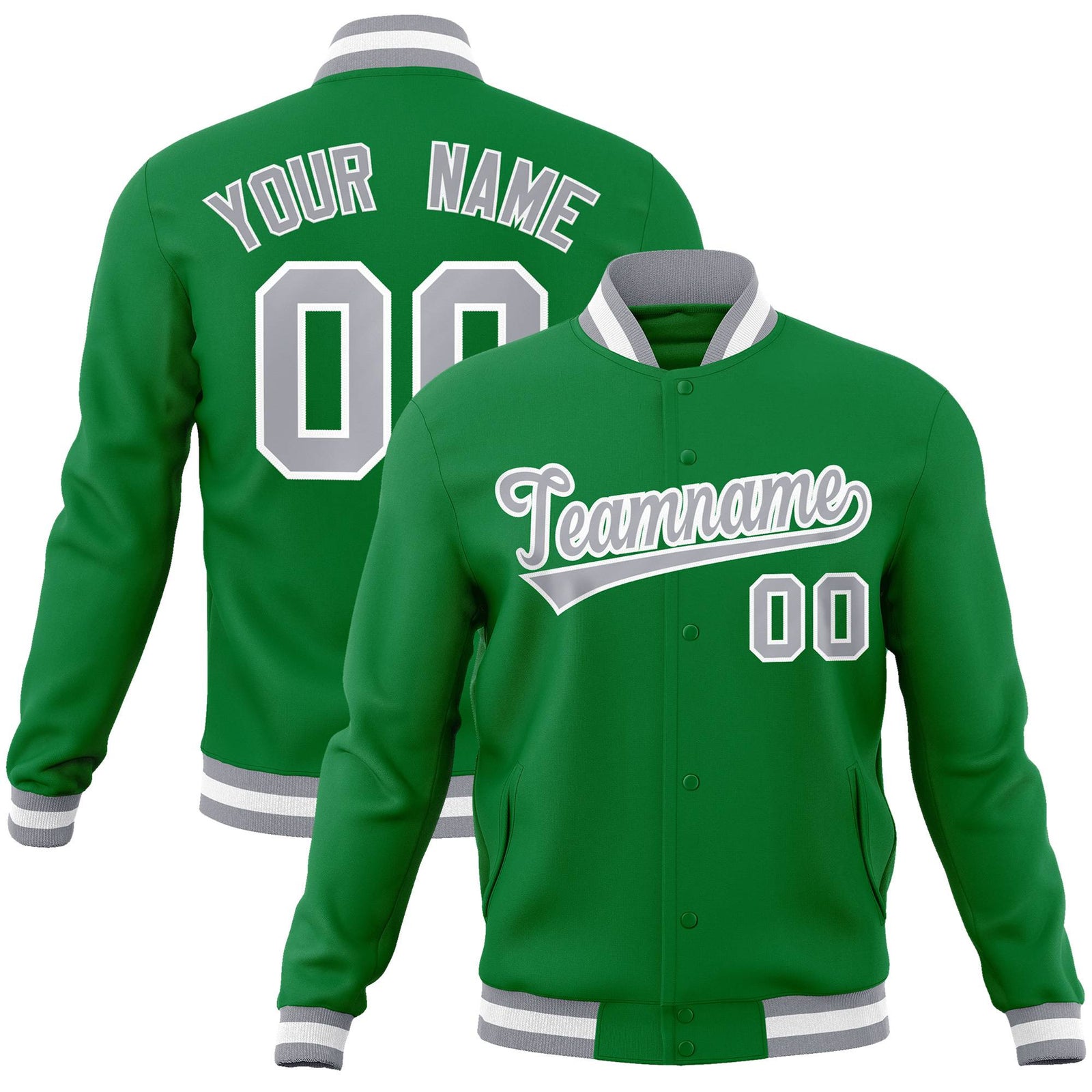 Custom Neon-Green Gray-White Bomber Full-Snap Varsity Letterman Jacket