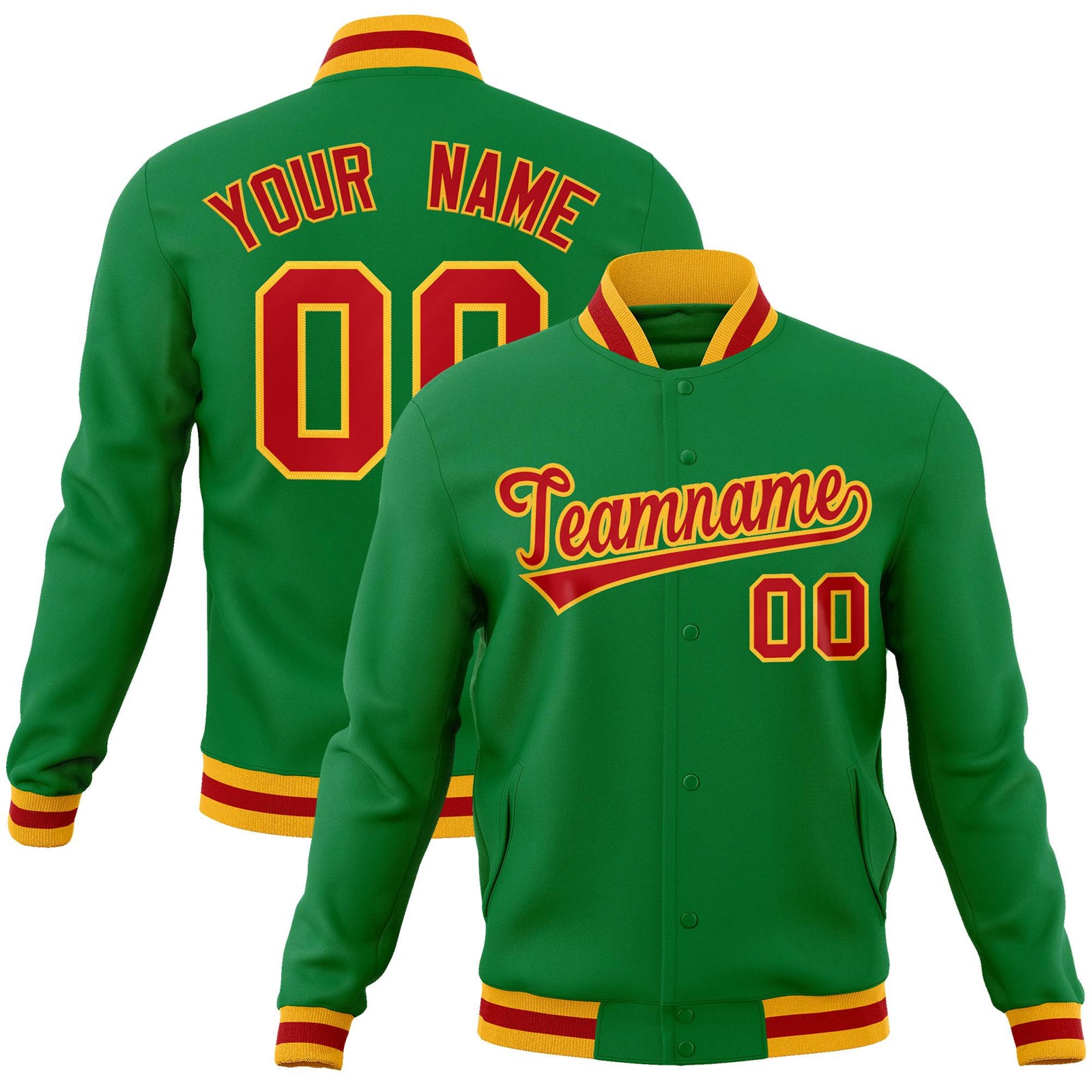 Custom Neon-Green Red-Gold Bomber Full-Snap Varsity Letterman Jacket