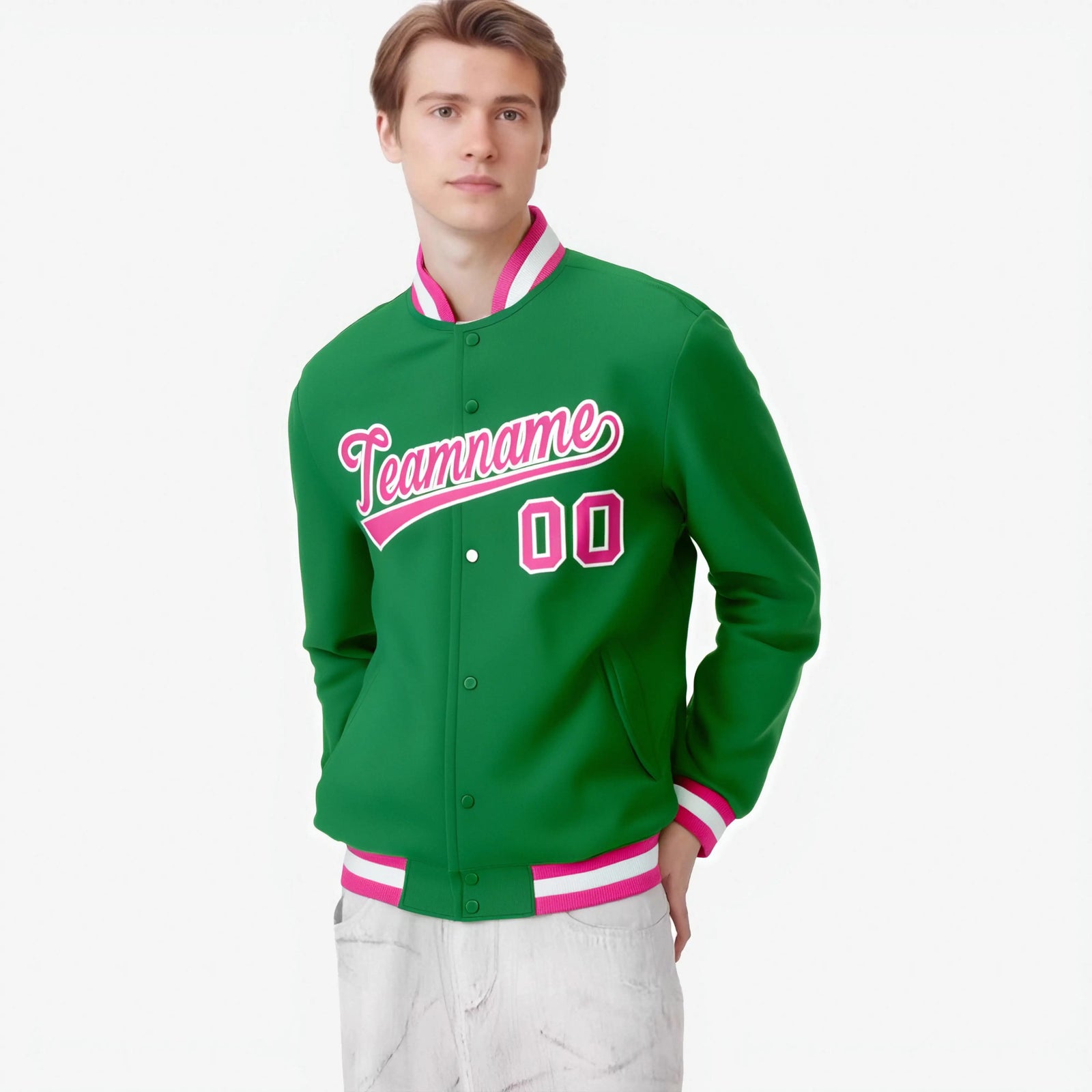 Custom Neon-Green Pink-White Bomber Full-Snap Varsity Letterman Jacket