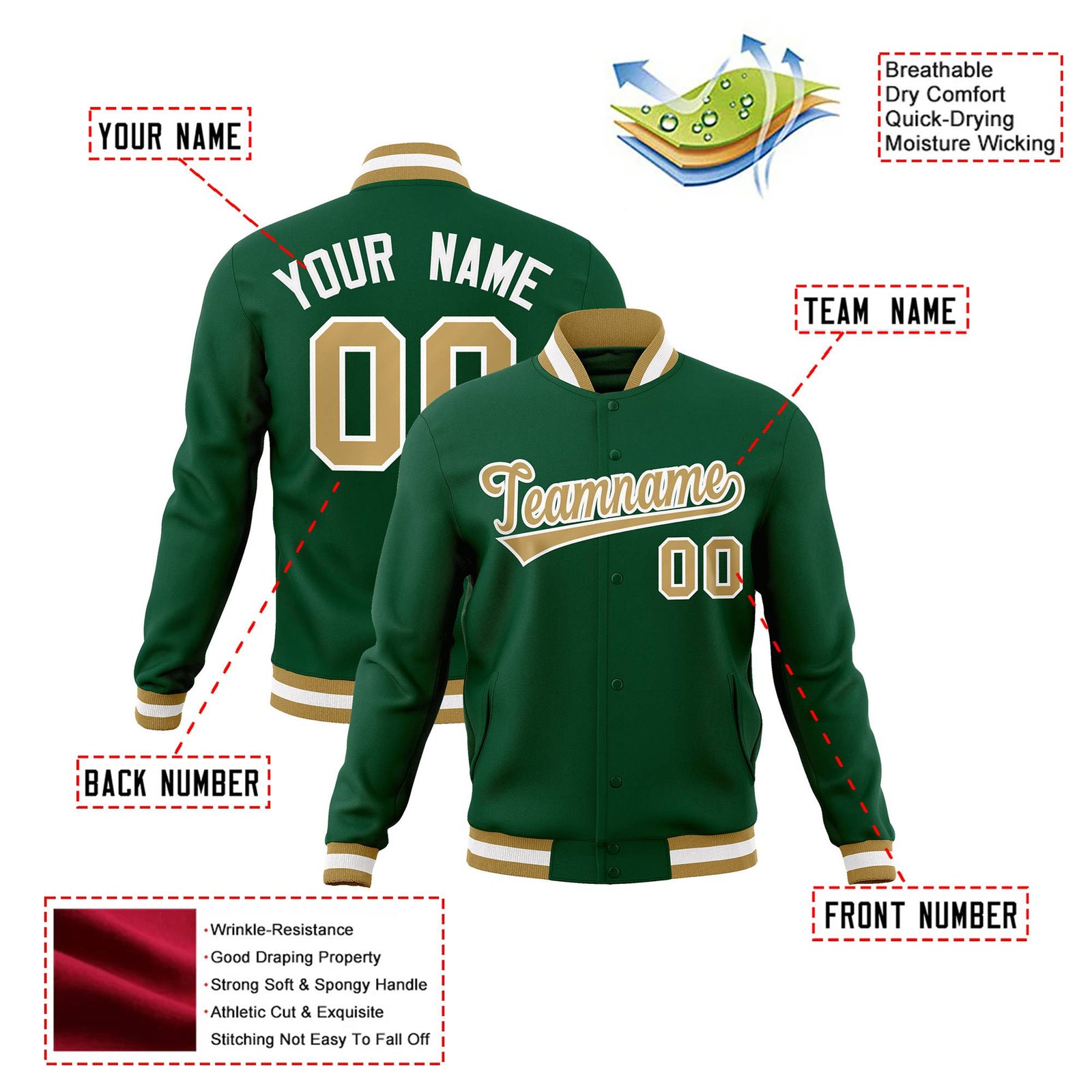 Custom Midnight-Green Brown White Bomber Full-Snap Varsity Letterman Jacket