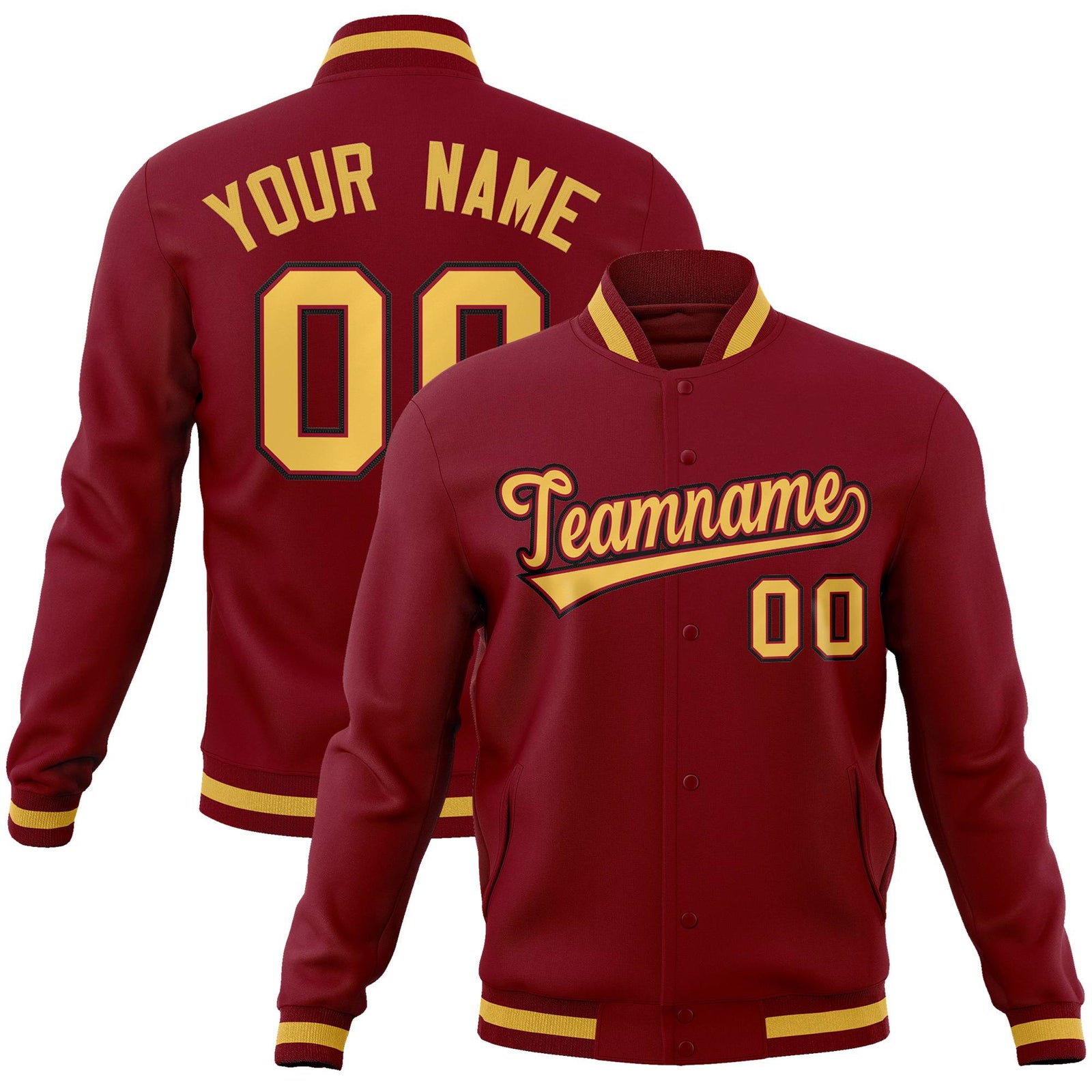 Custom Burgundy Yellow-Black Bomber Full-Snap Varsity Letterman Jacket