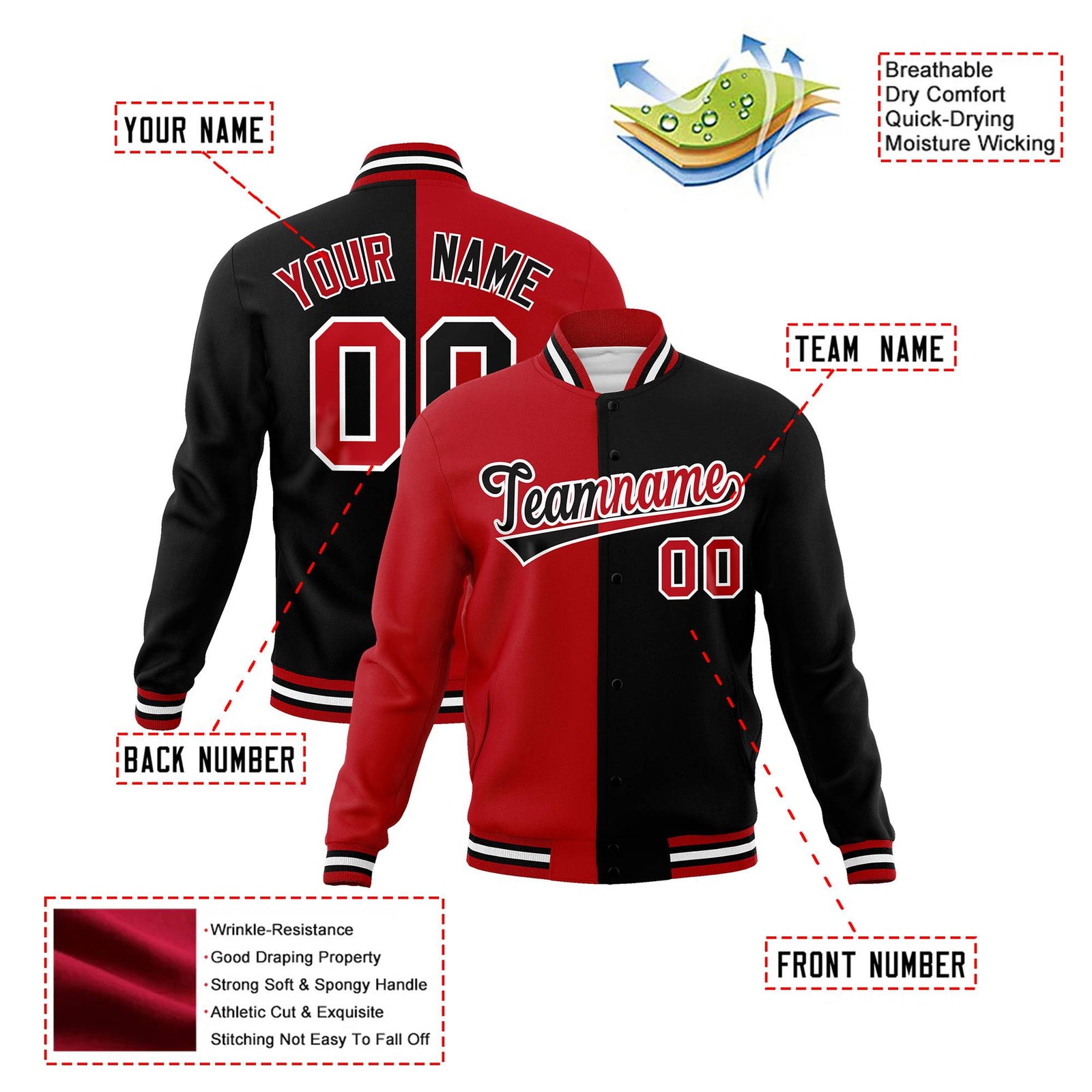 Custom Royal-Red White Black Bomber Full-Snap Varsity Letterman Split Fashion Jacket