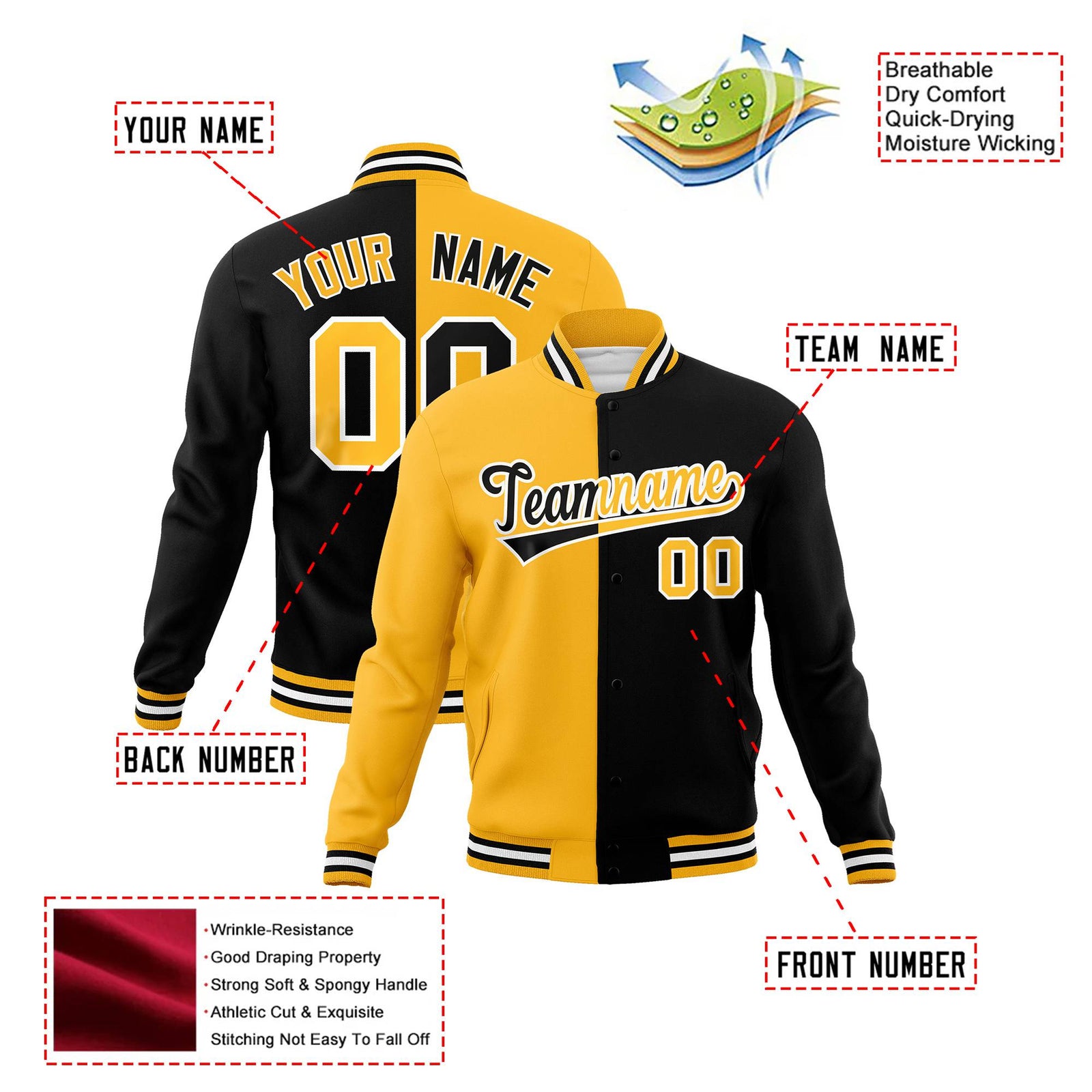 Custom Yellow White Black Bomber Full-Snap Varsity Letterman Split Fashion Jacket