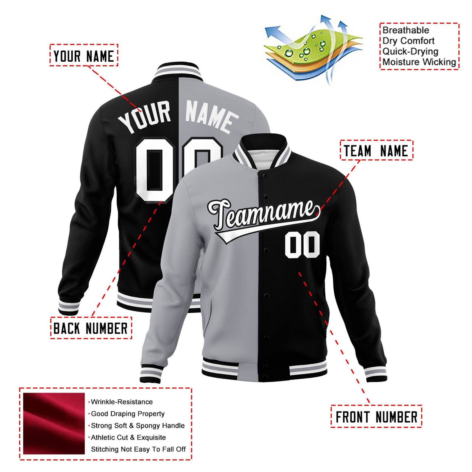 Custom Gray Black White Bomber Full-Snap Varsity Letterman Split Fashion Jacket