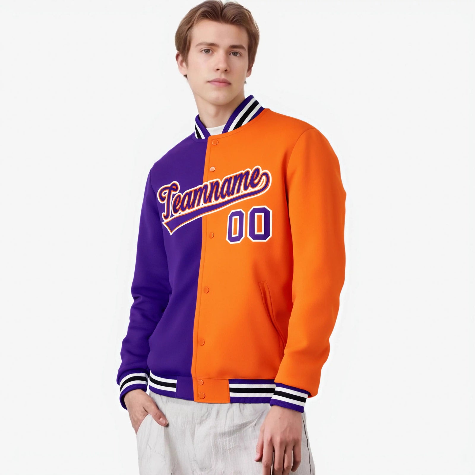 Custom Purple White Orange Bomber Full-Snap Varsity Letterman Split Fashion Jacket