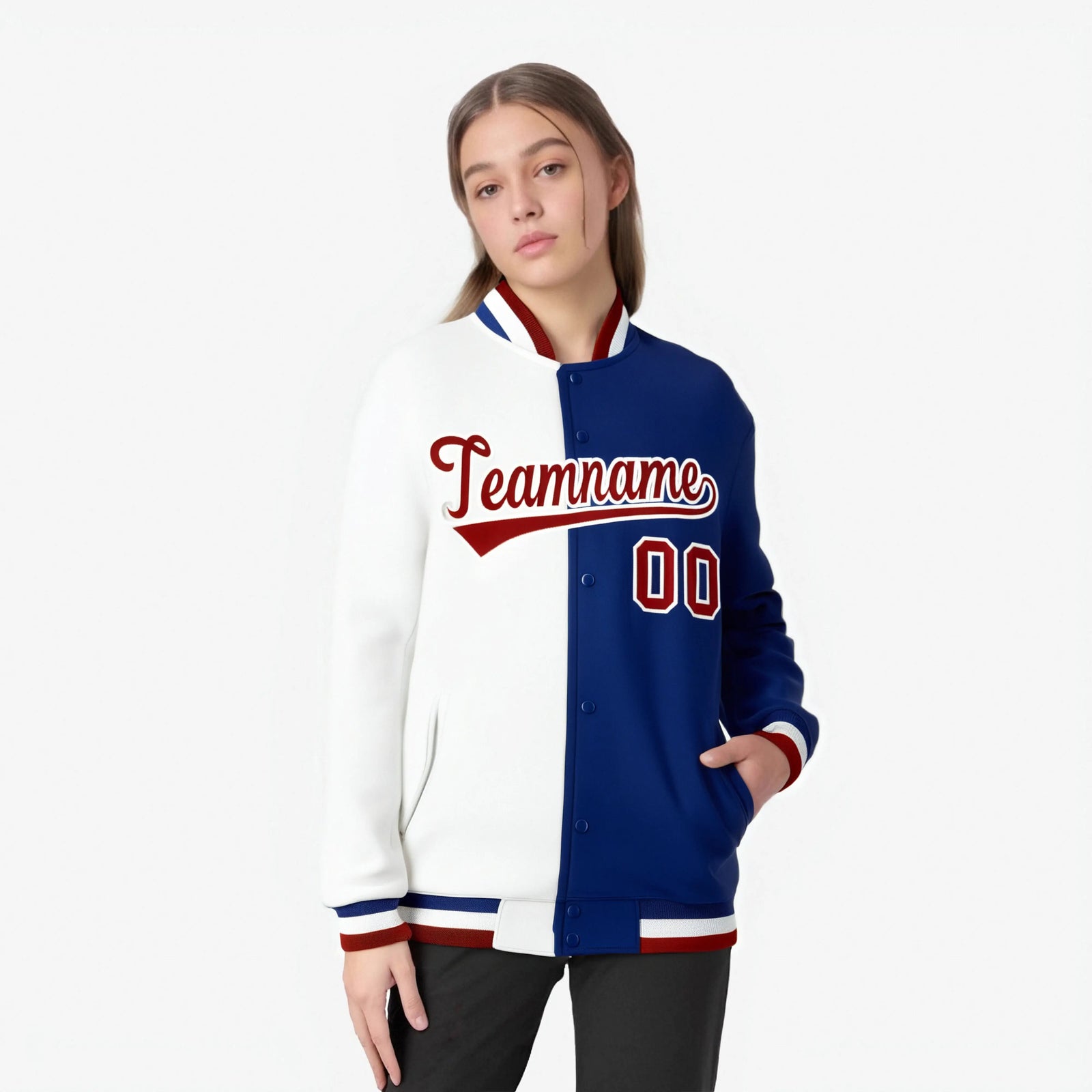 Custom White Thunder-Blue Red Bomber Full-Snap Varsity Letterman Split Fashion Jacket