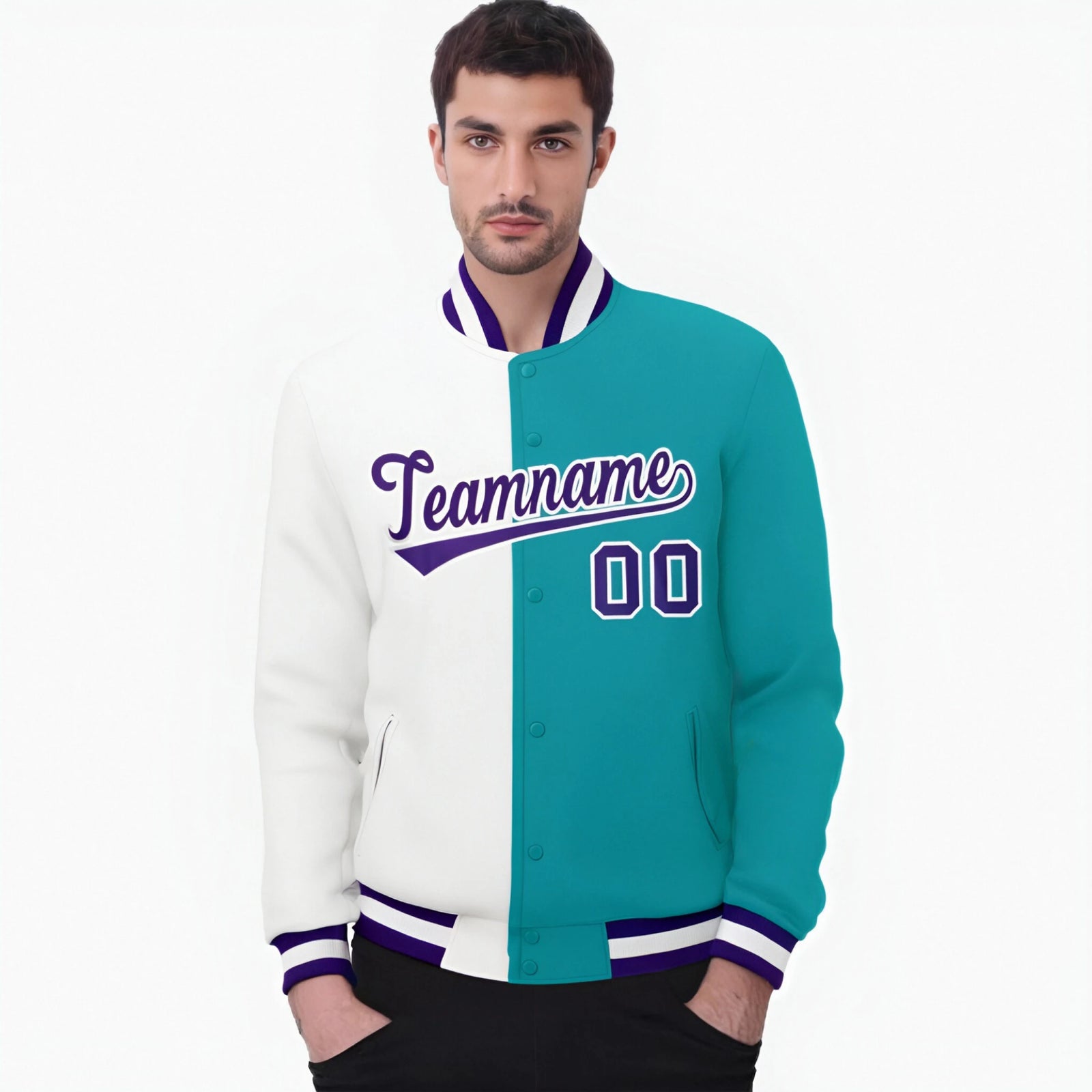 Custom White Aqua Purple Bomber Full-Snap Varsity Letterman Split Fashion Jacket