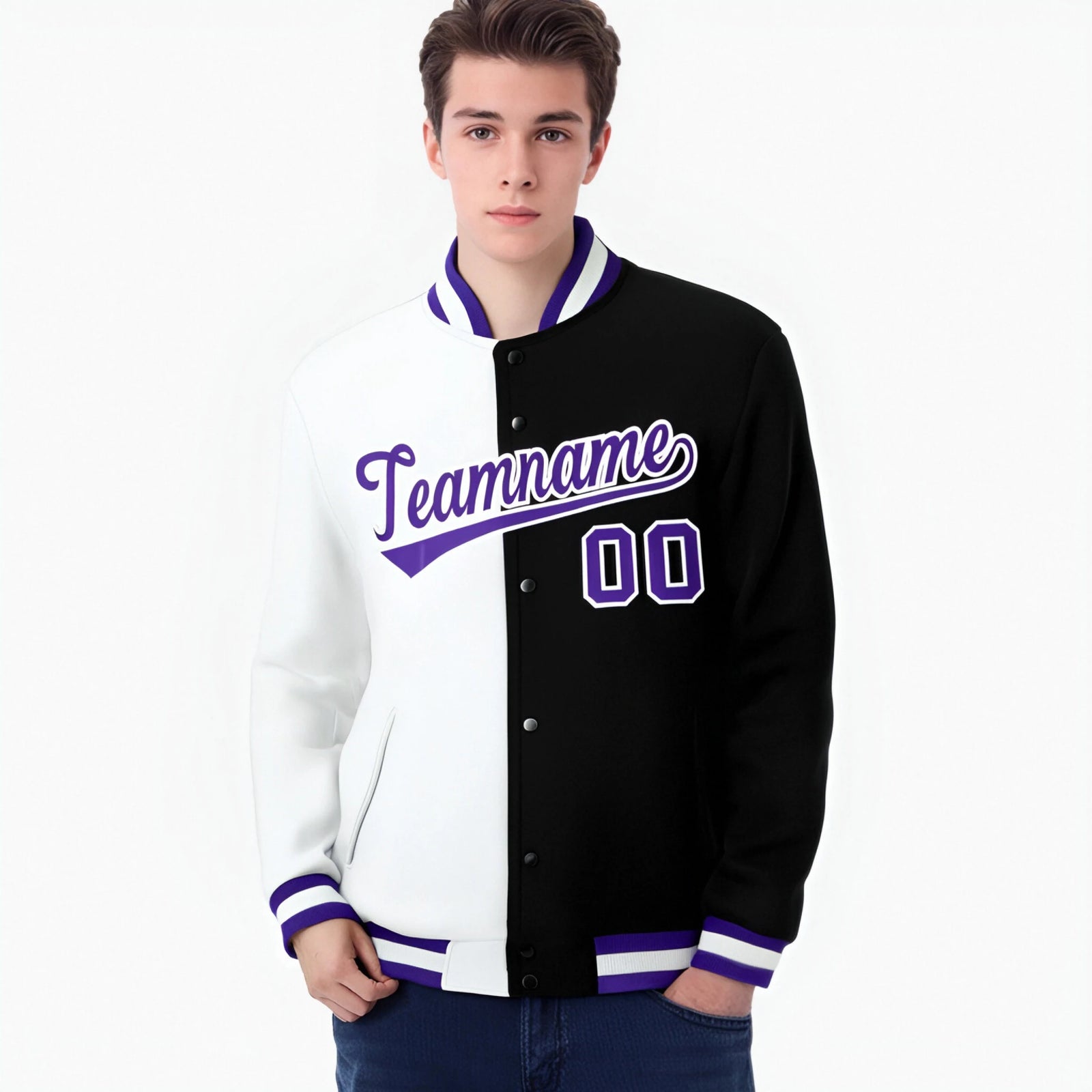 Custom White Black Purple Bomber Full-Snap Varsity Letterman Split Fashion Jacket
