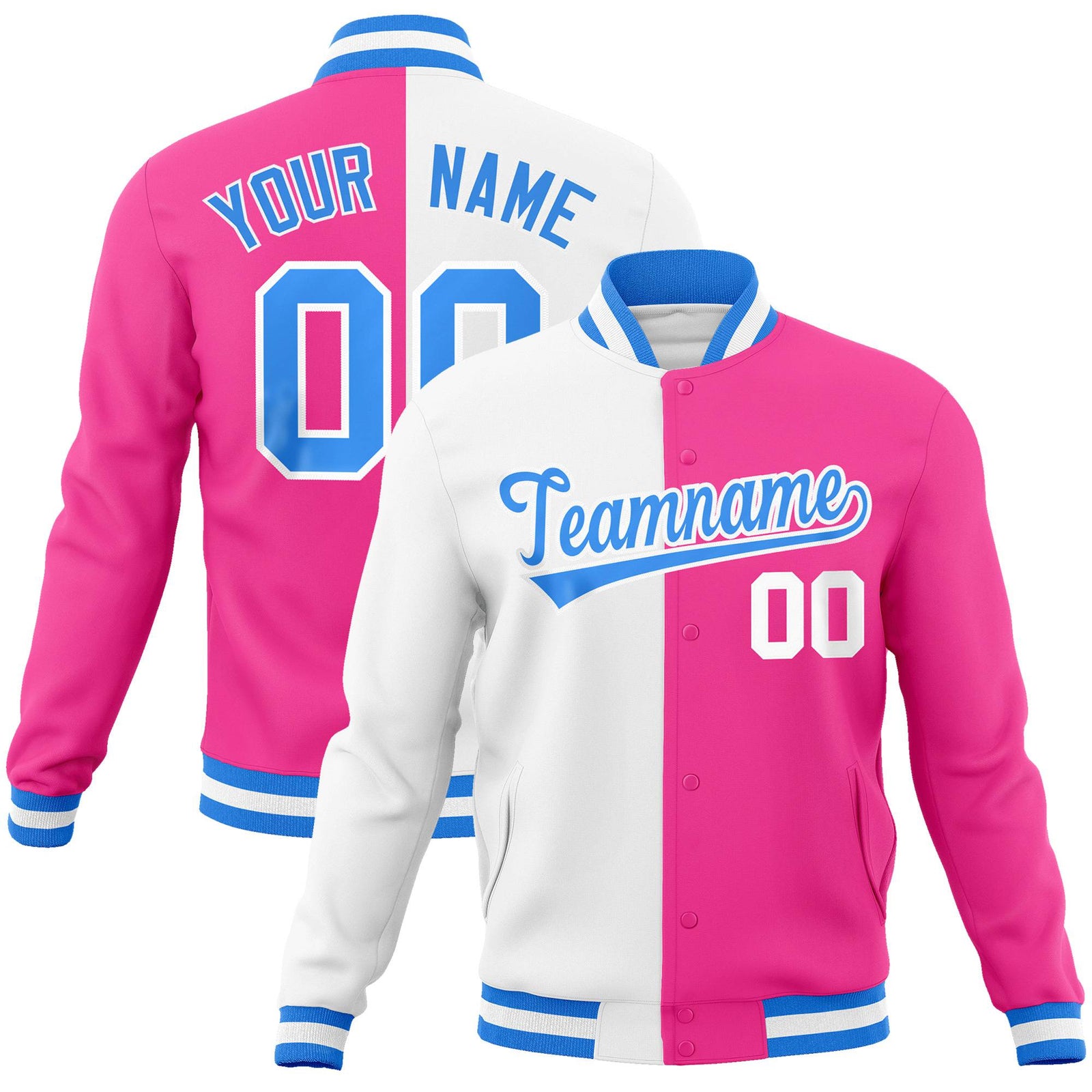 Custom White Pink Blue Bomber Full-Snap Varsity Letterman Split Fashion Jacket