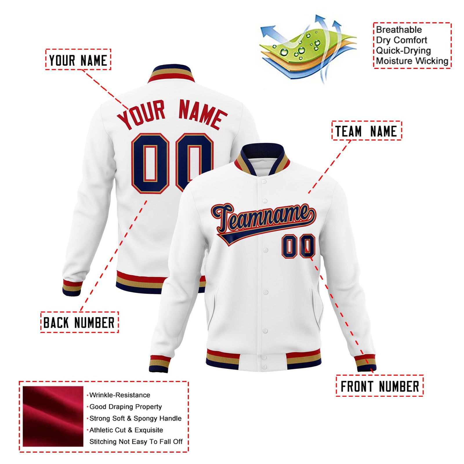 Custom White-Old-Gold-Red Bomber Full-Snap Varsity Letterman Jacket