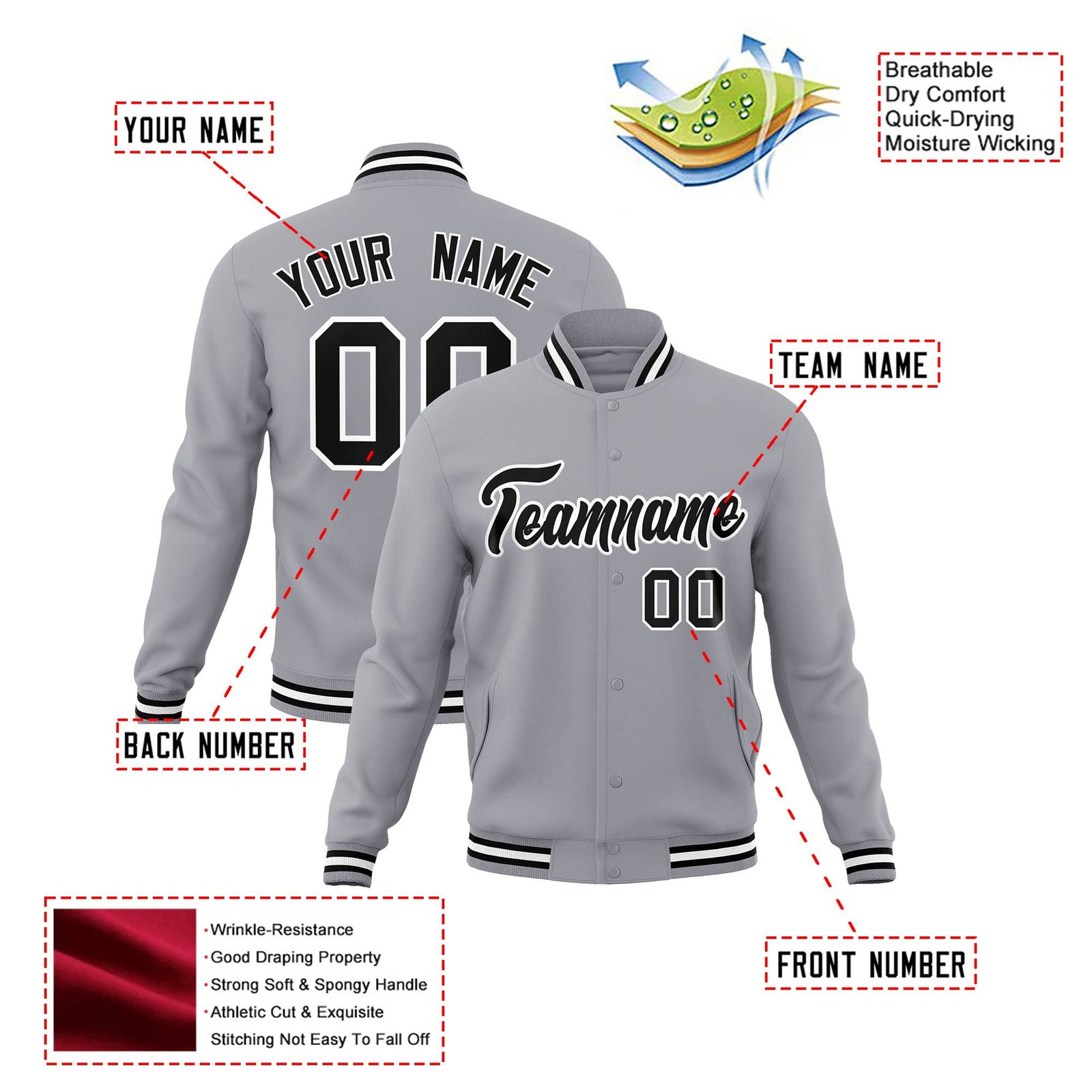 Custom Gray Black White Bomber Full-Snap Varsity Letterman Jacket