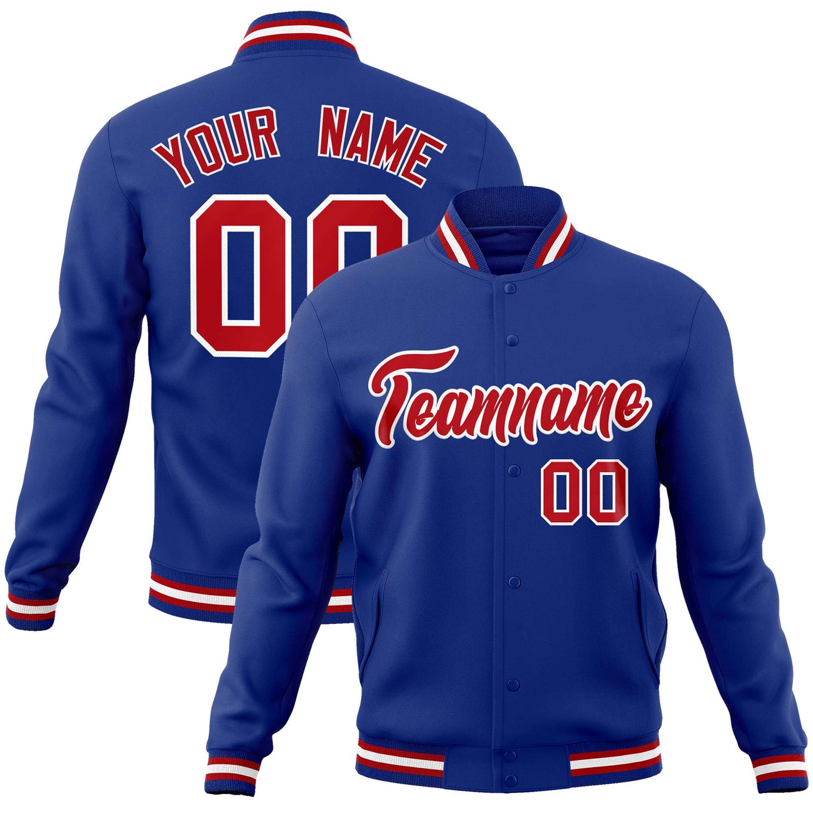 Custom Navy Blue Red-White Bomber Full-Snap Varsity Letterman Jacket