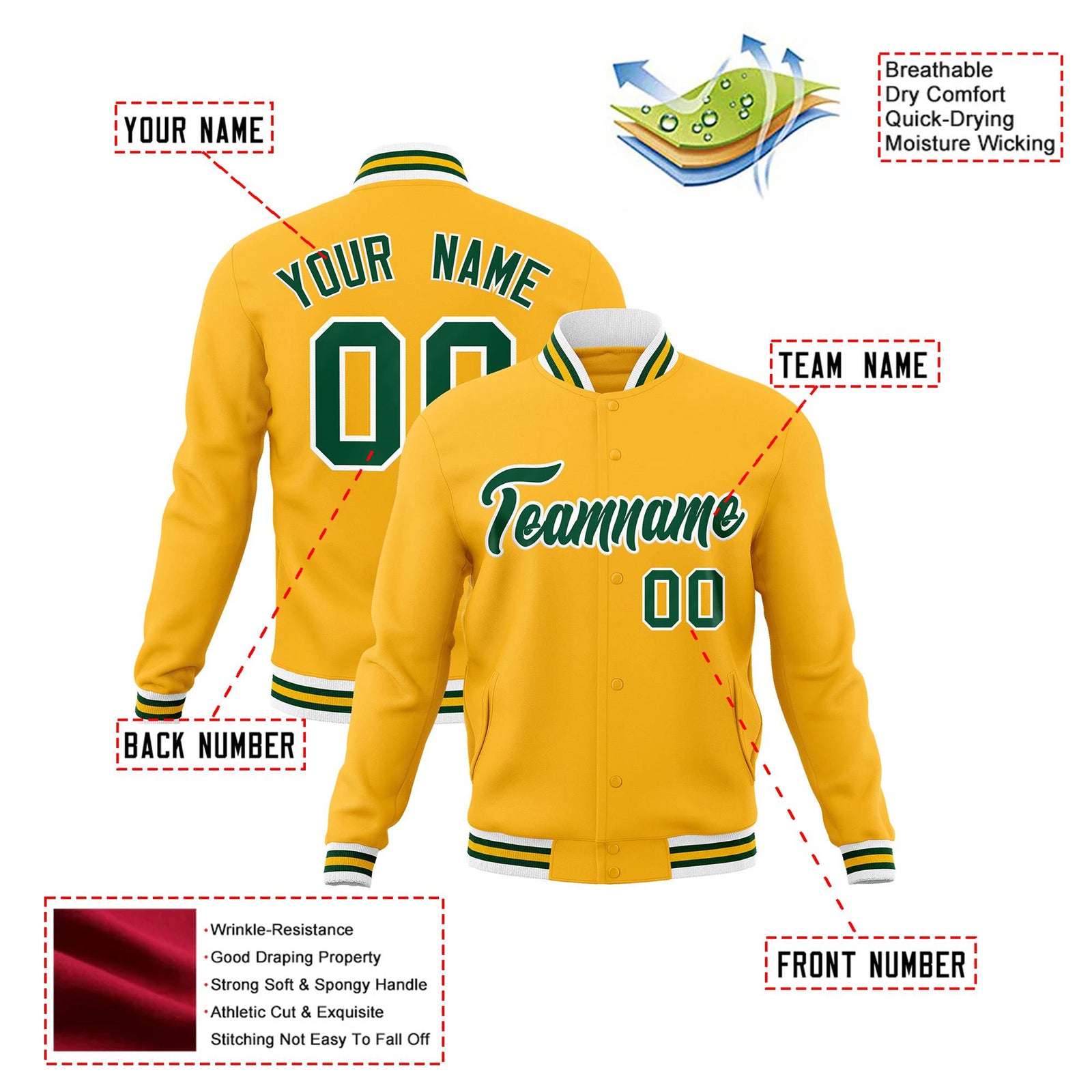 Custom Gold Kelly-Green White Bomber Full-Snap Varsity Letterman Jacket