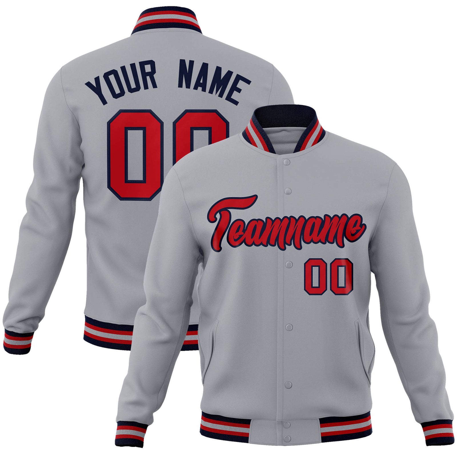 Custom Gray Red-Navy Bomber Full-Snap Varsity Letterman Jacket