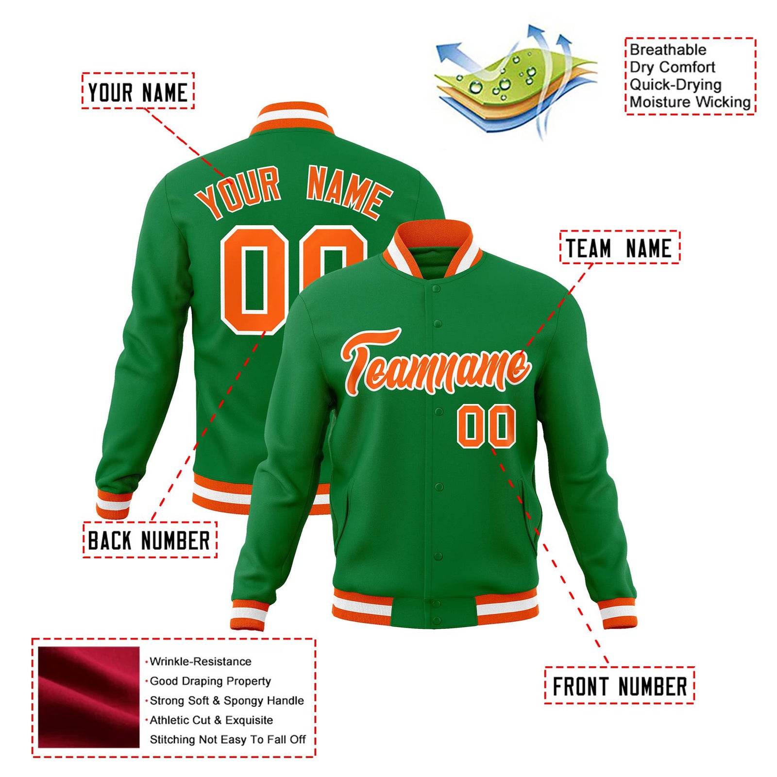 Custom Neon-Green Orange-White Bomber Full-Snap Varsity Letterman Jacket