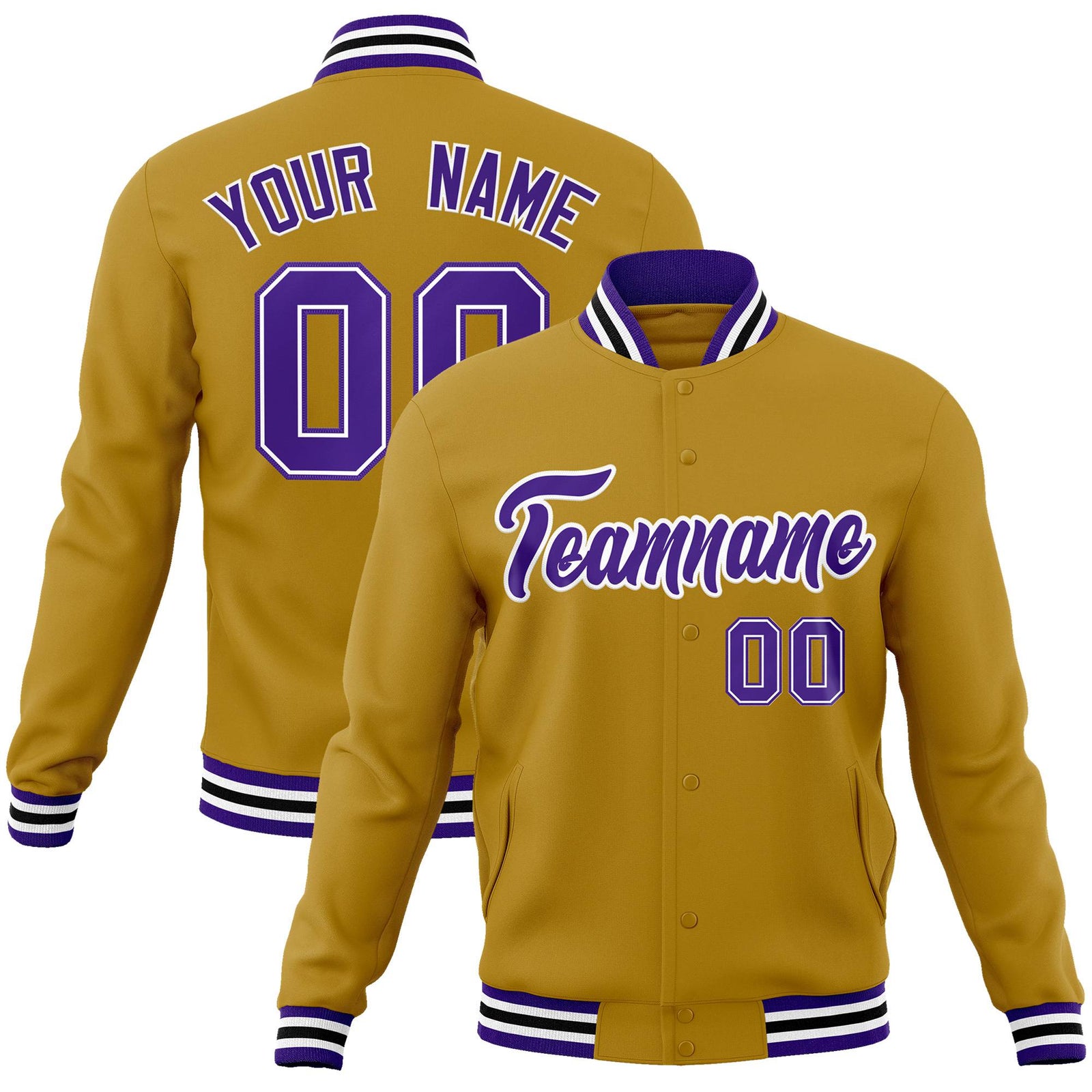 Custom Brown Purple White Bomber Full-Snap Varsity Letterman Jacket