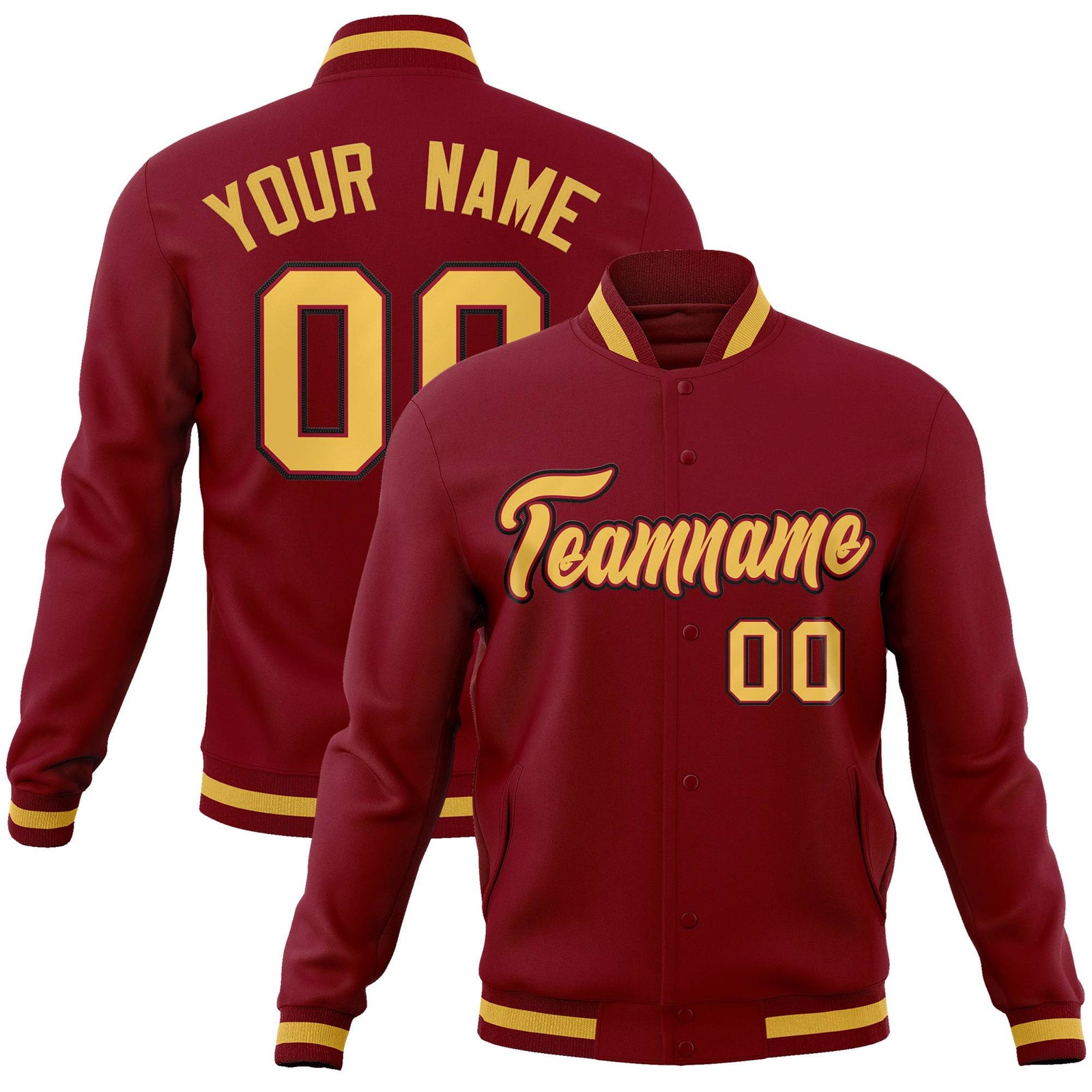 Custom Burgundy Yellow-Black Bomber Full-Snap Varsity Letterman Jacket