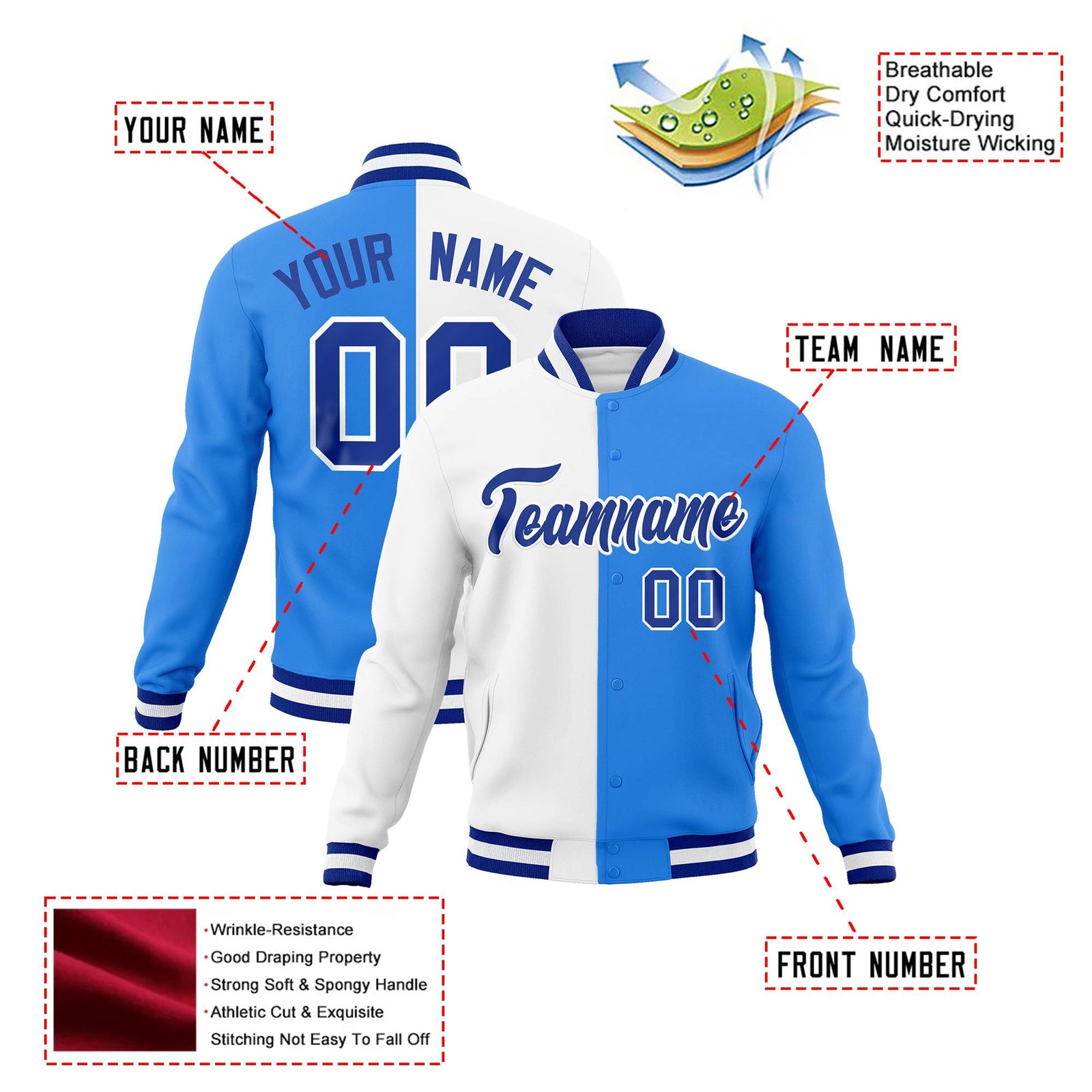 Custom White Sky-Blue Bomber Full-Snap Varsity Letterman Split Fashion Jacket