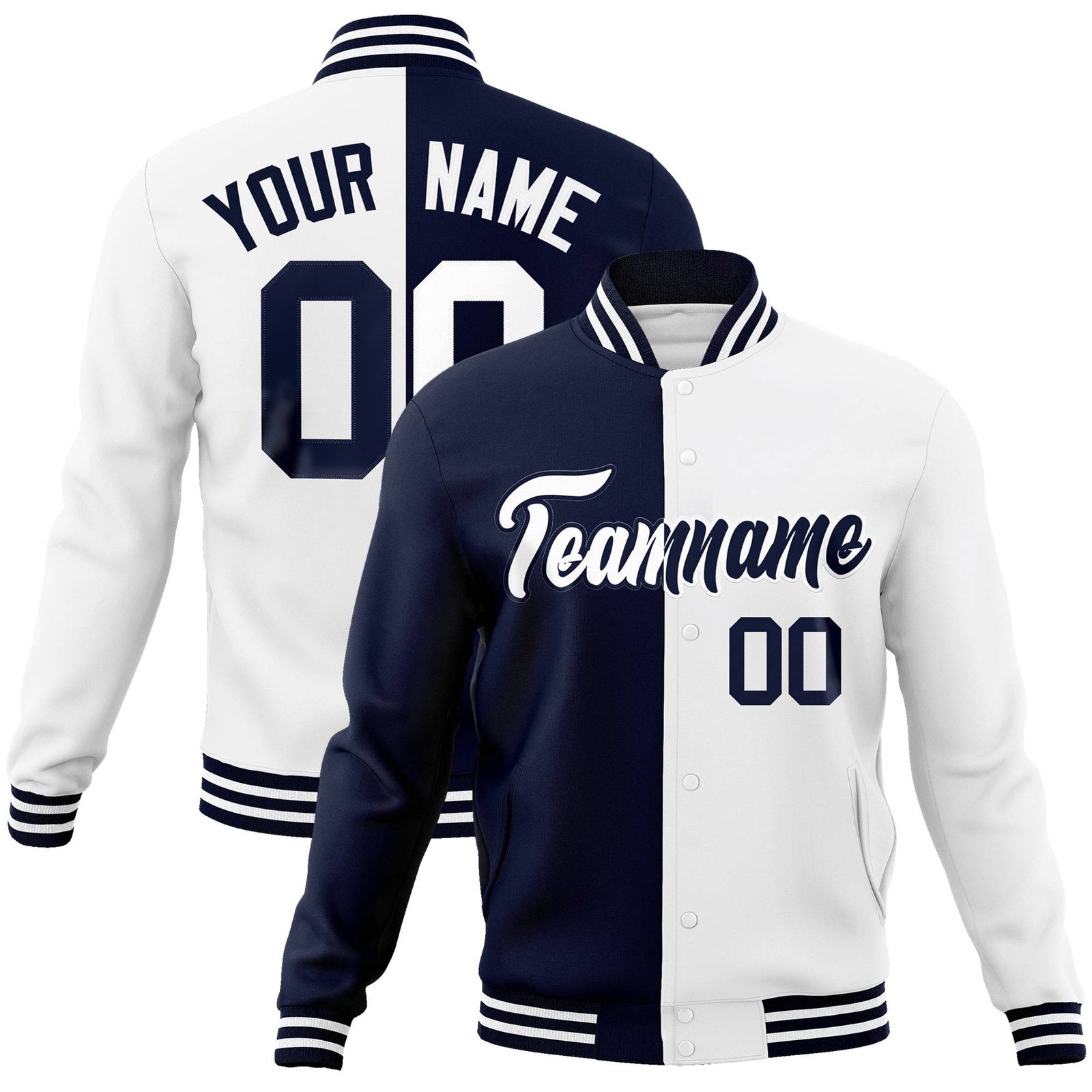 Custom Navy-White Bomber Full-Snap Varsity Letterman Split Fashion Jacket