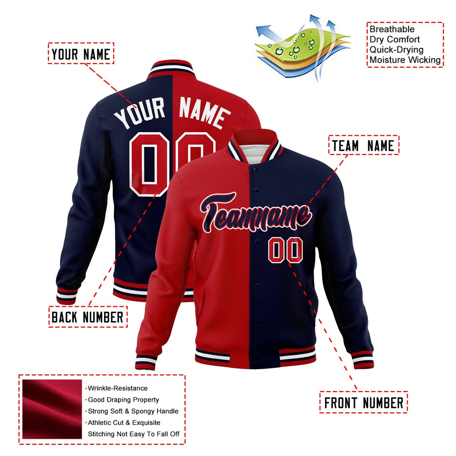 Custom Royal-Red White Navy Bomber Full-Snap Varsity Letterman Split Fashion Jacket