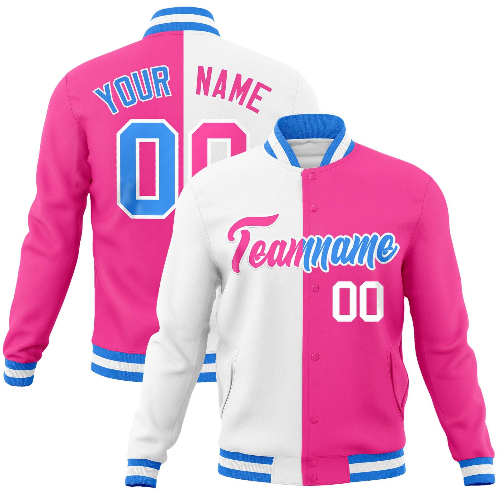 Custom White Pink Ligth-Blue Bomber Full-Snap Varsity Letterman Split Fashion Jacket