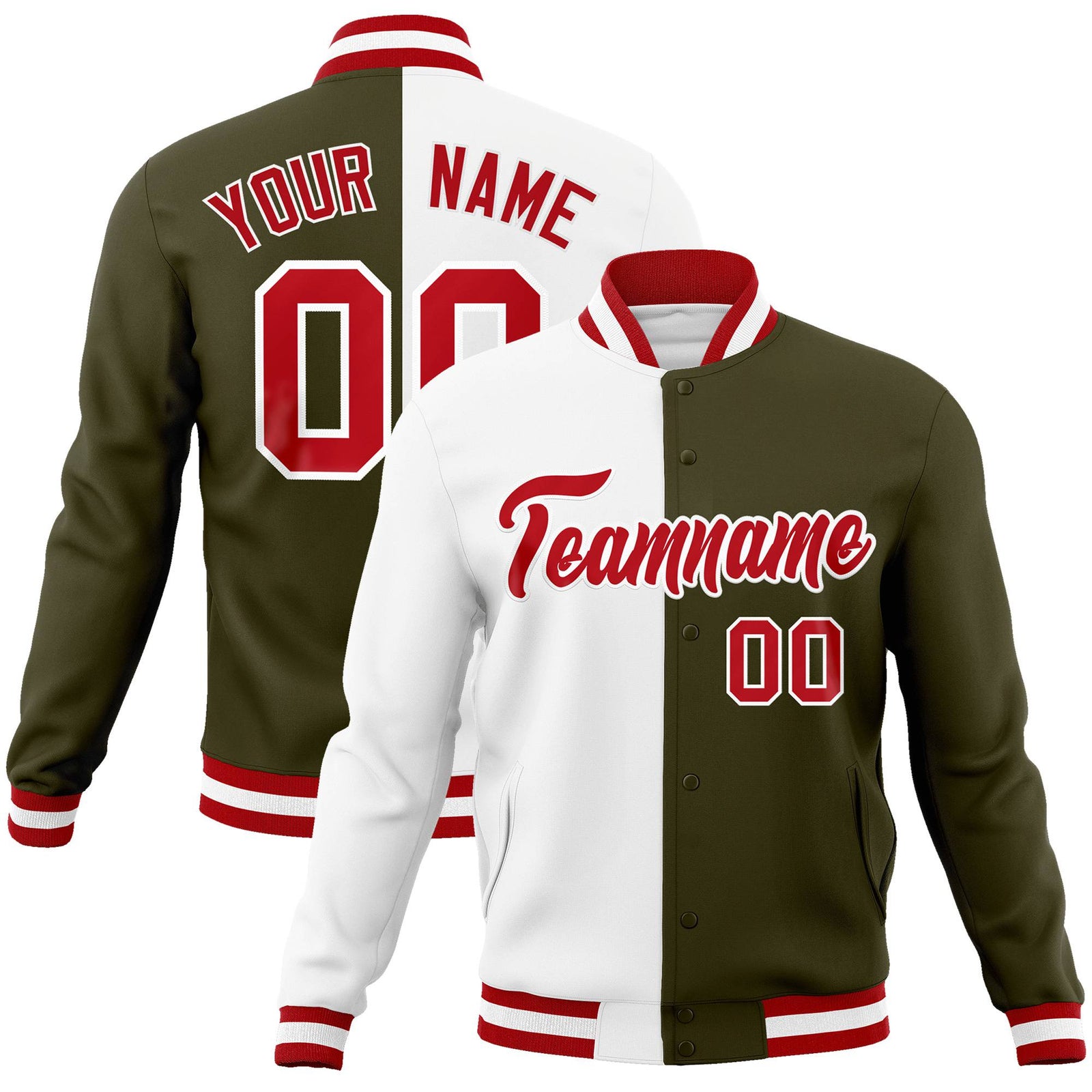 Custom White Olive Red Bomber Full-Snap Varsity Letterman Split Fashion Jacket