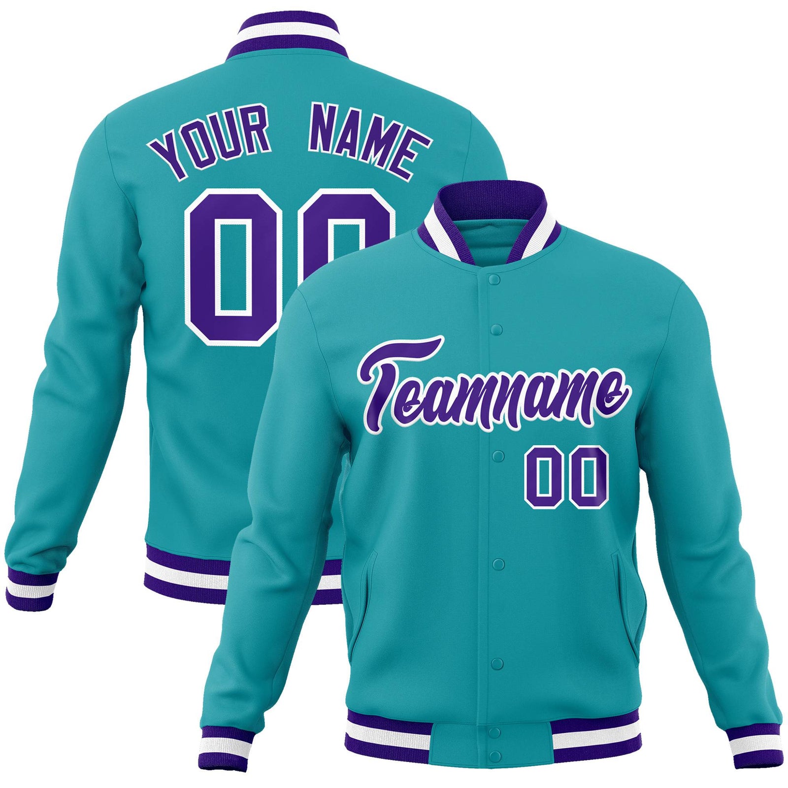 Custom Aqua- Purple-White Bomber Full-Snap Varsity Letterman Jacket