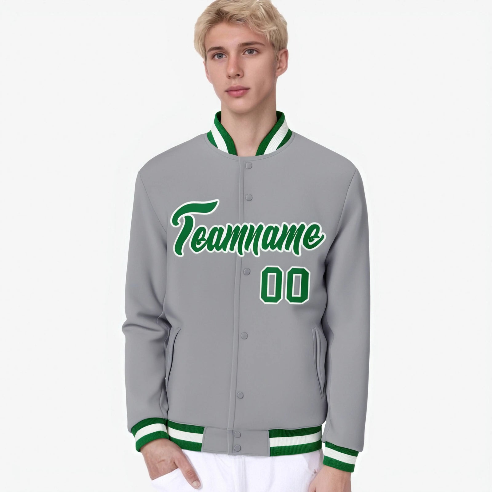 Custom Gray- Neon Green- White Bomber Full-Snap Varsity Letterman Jacket