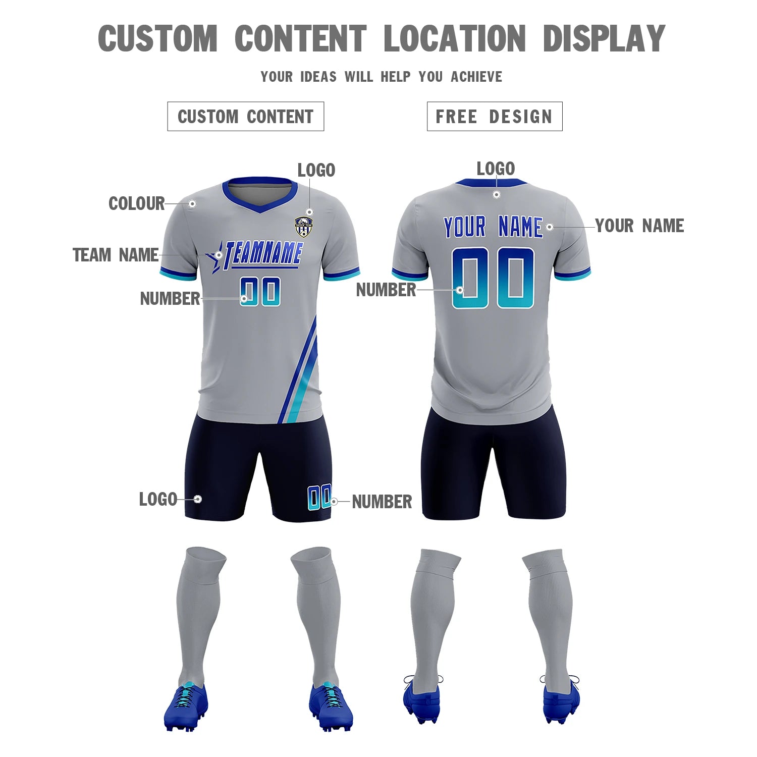 Custom Gray Royal Blue-Sky Blue Gradient Fashion Sportswear Soccer Sets Jersey