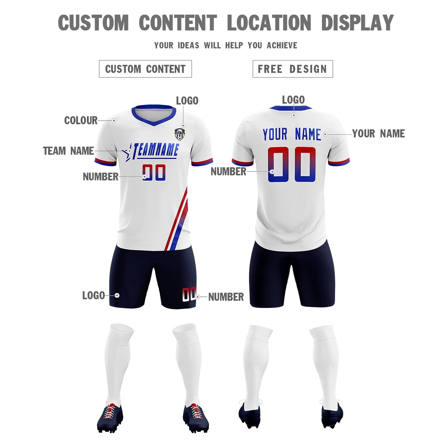 Custom White Red-Royal Blue Gradient Fashion Sportswear Soccer Sets Jersey