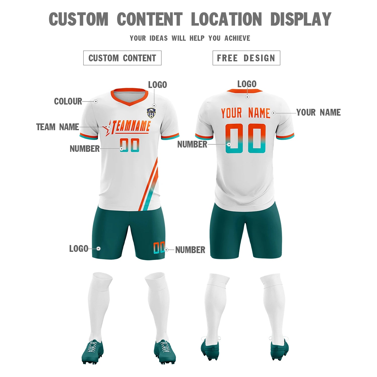 Custom White Orange-Bright Green Gradient Fashion Sportswear Soccer Sets Jersey