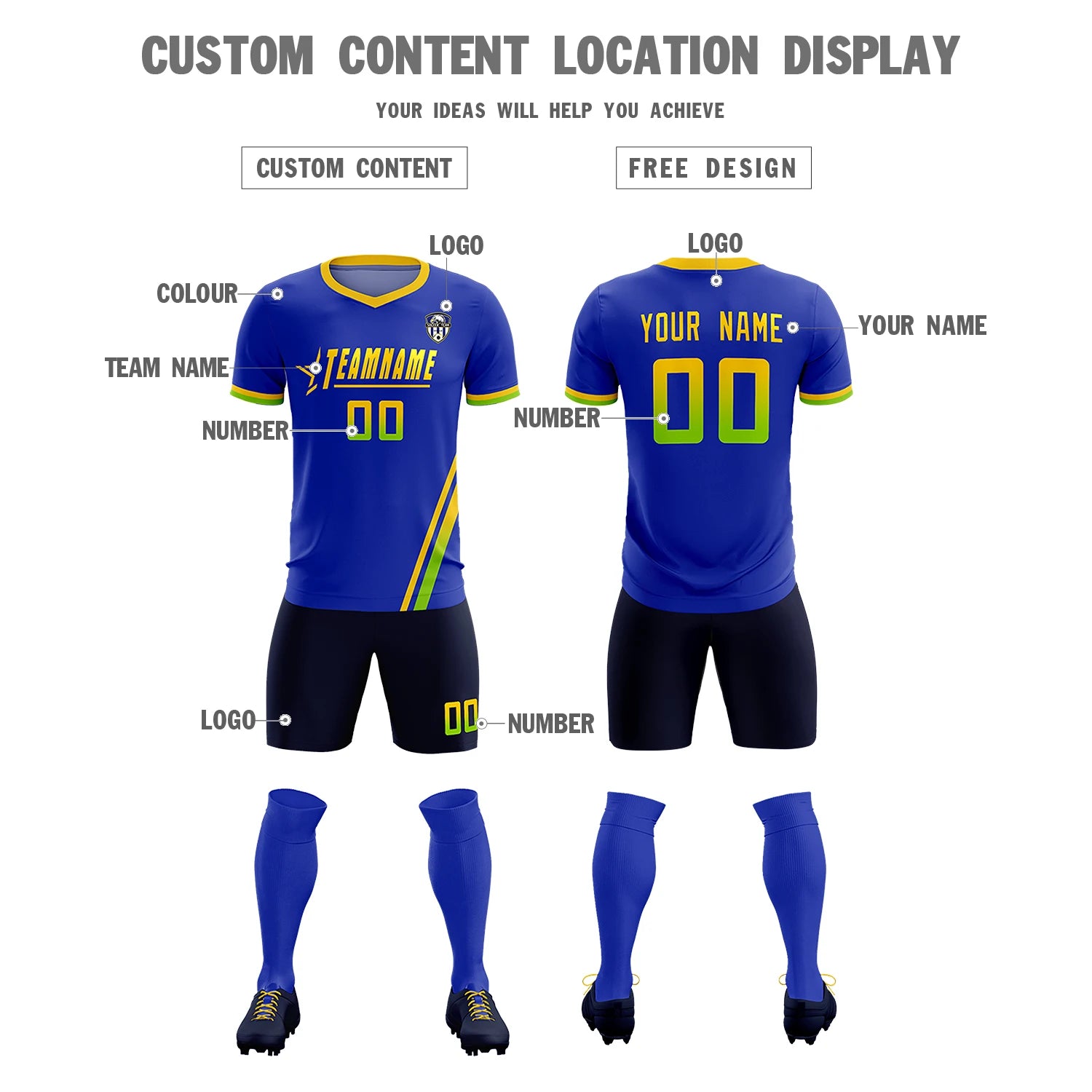 Custom Royal Blue Gold01-Neon Green Gradient Fashion Sportswear Soccer Sets Jersey