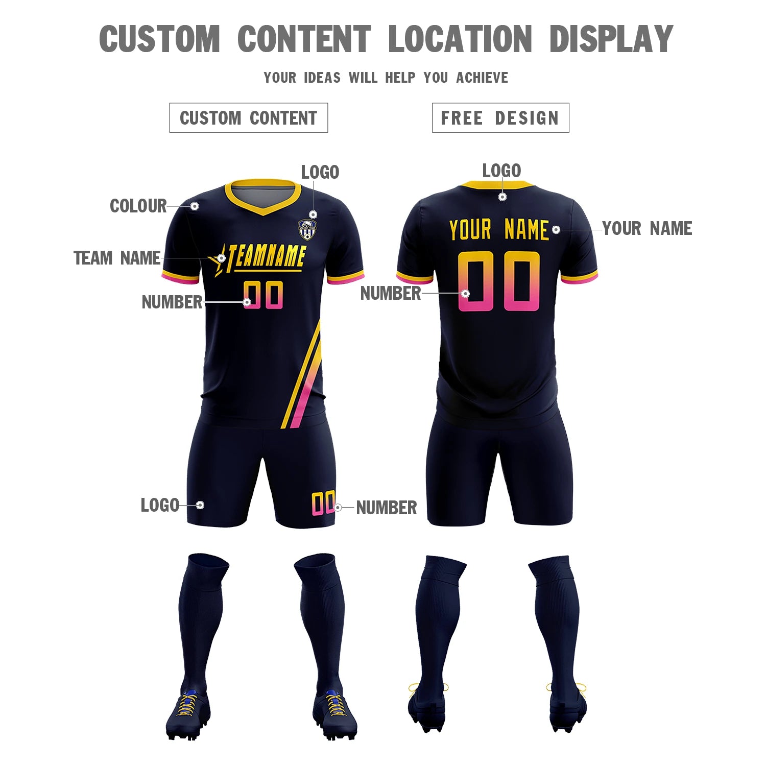 Custom Navy Gold01-Pink Gradient Fashion Sportswear Soccer Sets Jersey