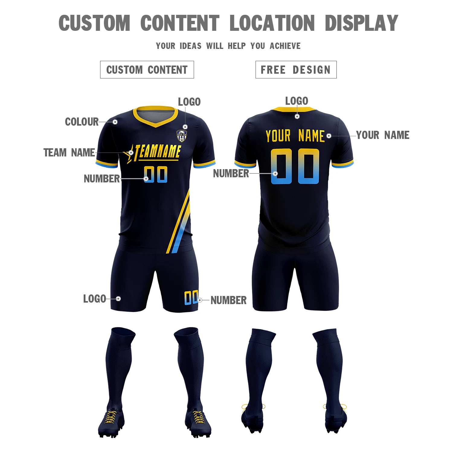 Custom Navy Gold01-Powder Blue Gradient Fashion Sportswear Soccer Sets Jersey
