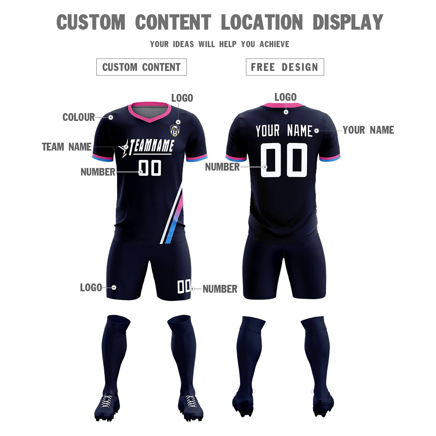 Custom Navy White-Pink Gradient Fashion Sportswear Soccer Sets Jersey