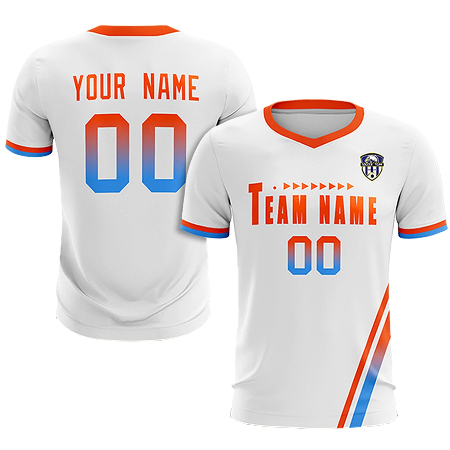 Custom White Orange-Powder Blue Gradient Fashion Sportswear Soccer Sets Jersey