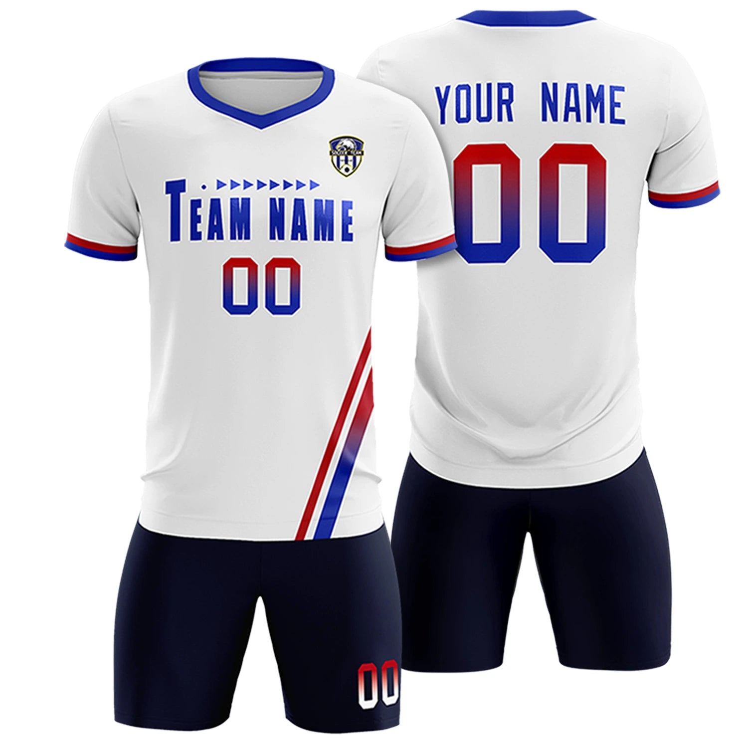 Custom White Red-Royal Blue Gradient Fashion Sportswear Soccer Sets Jersey