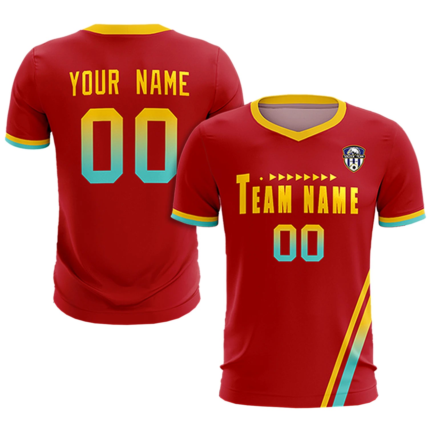 Custom Red Gold01-Aqua Gradient Fashion Sportswear Soccer Sets Jersey