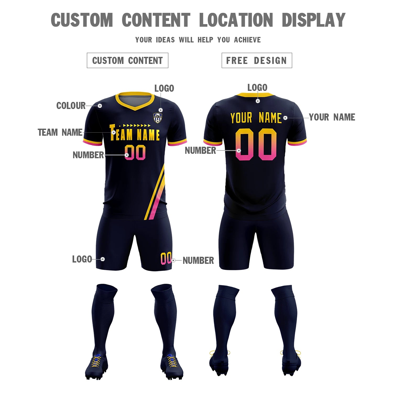 Custom Navy Gold01-Pink Gradient Fashion Sportswear Soccer Sets Jersey