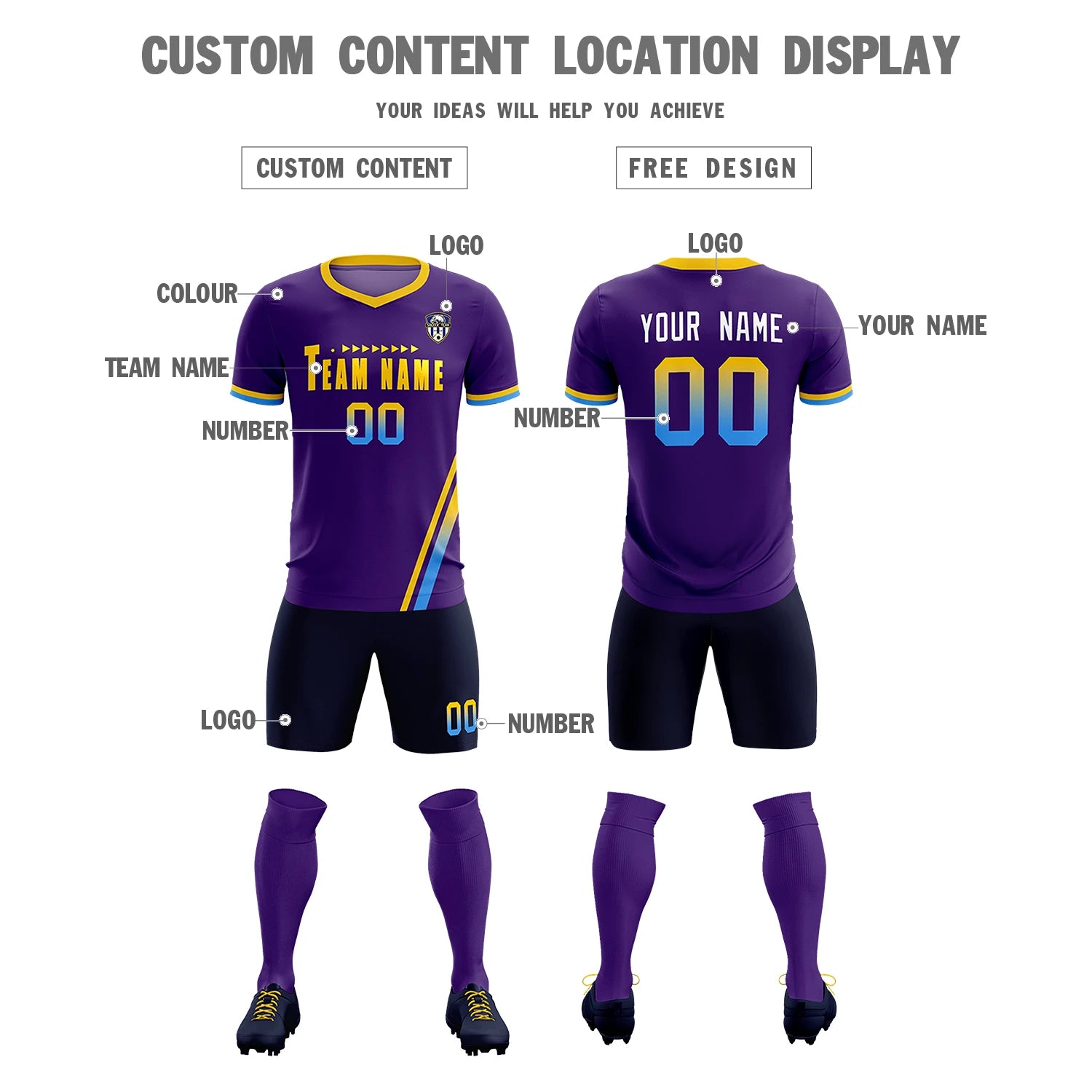 Custom Purple Gold01-Powder Blue Gradient Fashion Sportswear Soccer Sets Jersey