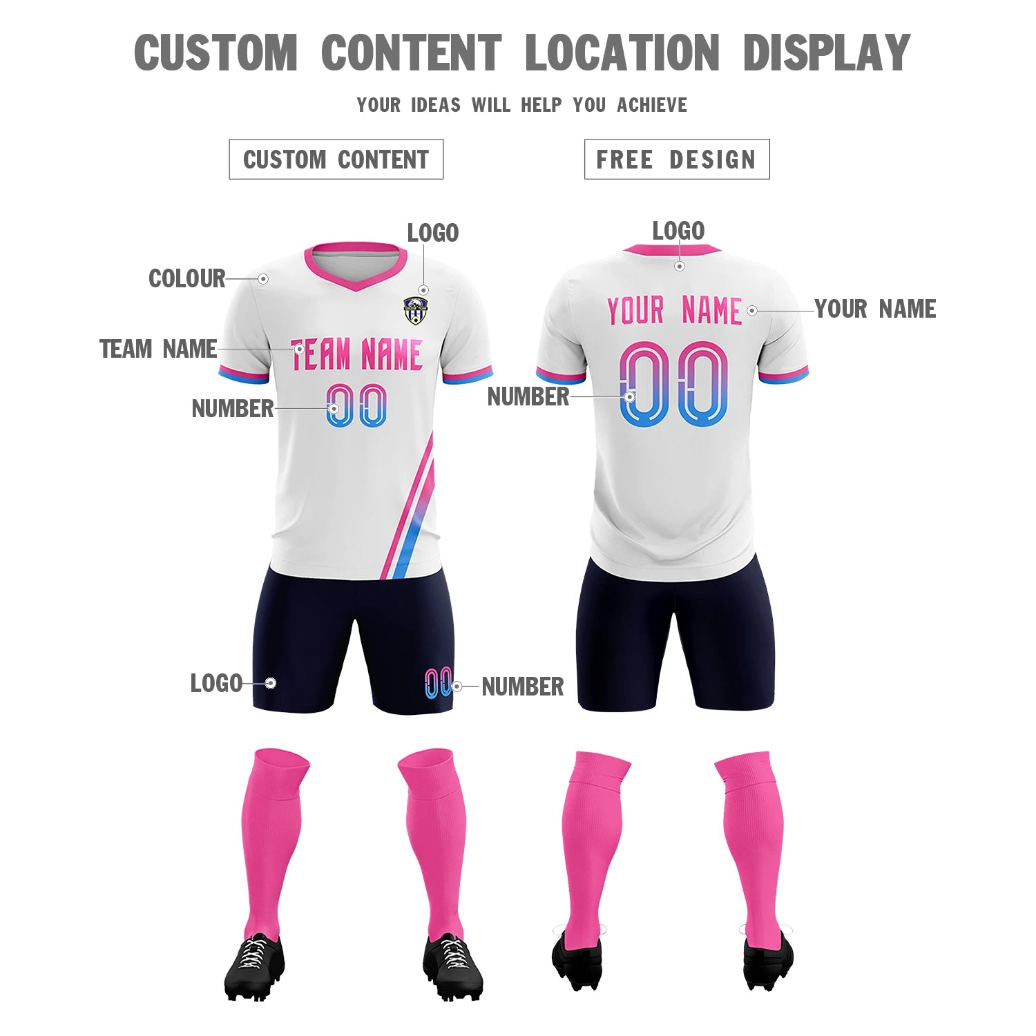 Custom White Pink-Powder Blue Gradient Fashion Sportswear Soccer Sets Jersey