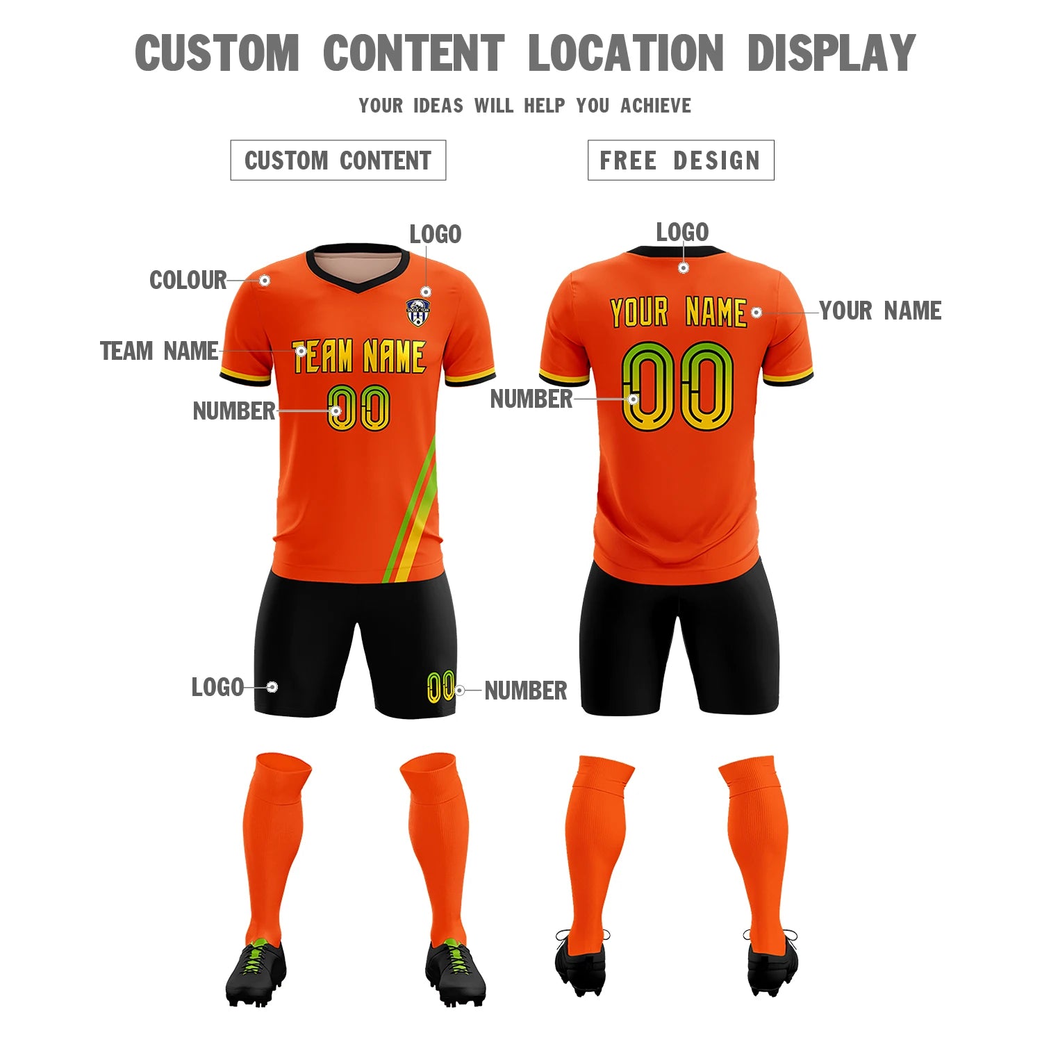 Custom Orange Neon Green-Gold01 Gradient Fashion Sportswear Soccer Sets Jersey