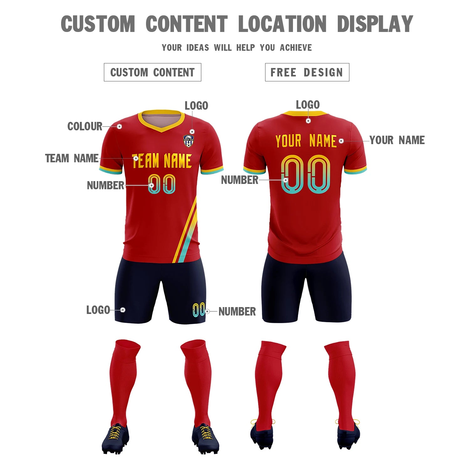 Custom Red Gold01-Aqua Gradient Fashion Sportswear Soccer Sets Jersey