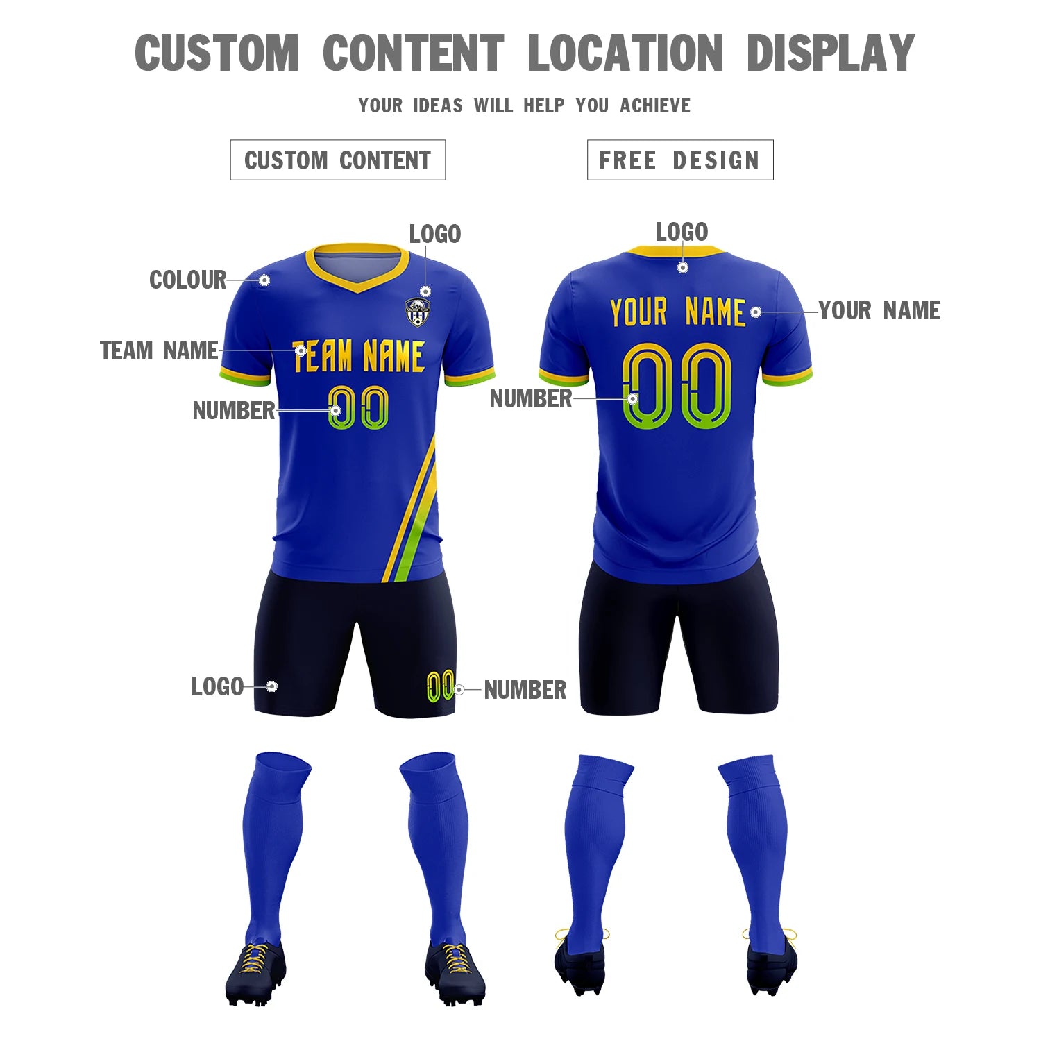Custom Royal Blue Gold01-Neon Green Gradient Fashion Sportswear Soccer Sets Jersey